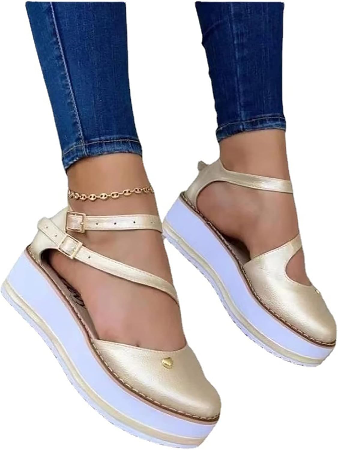 XWCG Womens Close Toe Retro Round Toe Platform Sandals Slip on Ankle Straps Wedges Sandals Casual Summer Wedge Sandals,Gold,US8.5/EU40