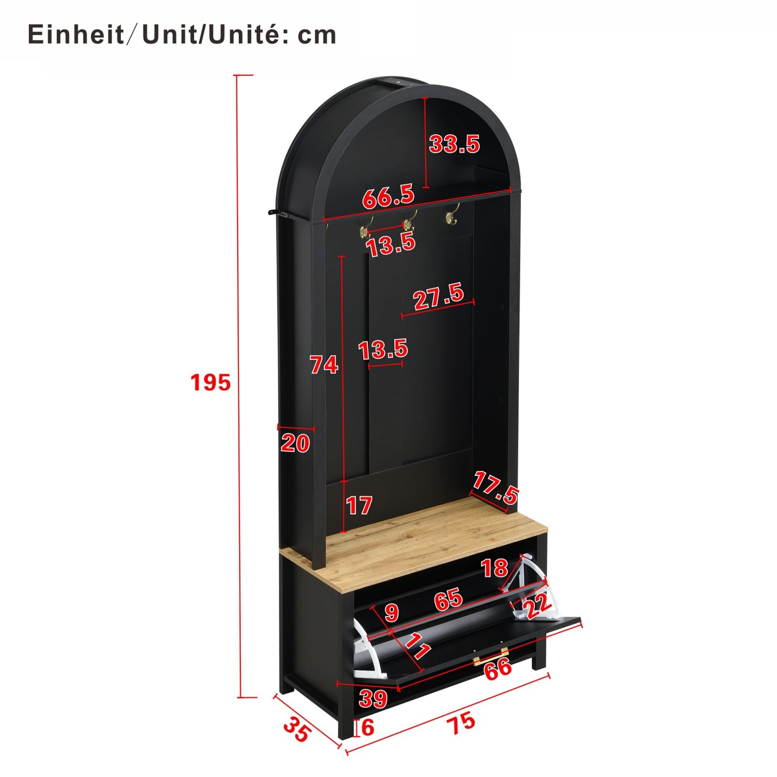 Ensemble de vestiaire Armoire multifonctionnelle avec étagère à Chaussures, Compartiments de Rangement et Crochets ; Meuble de Rangement Moderne doté d'une Base en Fer Robuste (Black)