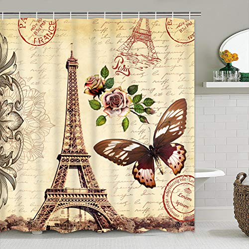 Pknoclan 4 Pcs Paris Eiffel Tower Shower Curtain Set With Non-Slip Rug, Toilet Lid Cover And Bath Mat, Waterproof Flower Butterfly Shower Curtain With 12 Hooks, Nostalgic Bathroom Sets, Brown #TOP3