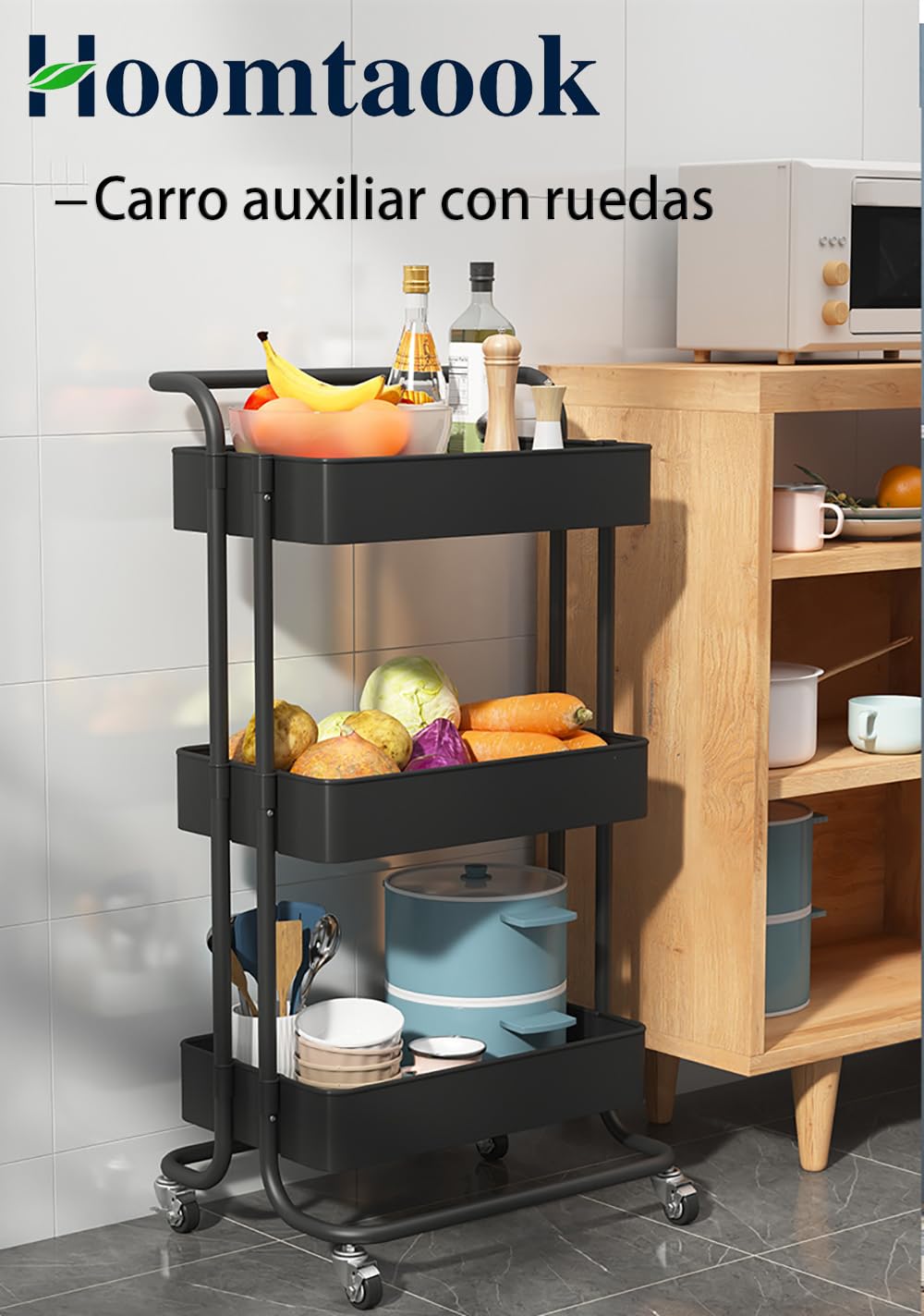 carrito auxiliar con ruedas,carrito organizador de cocina multiusos extraíble, Adecuado para baño y cocina, Negro