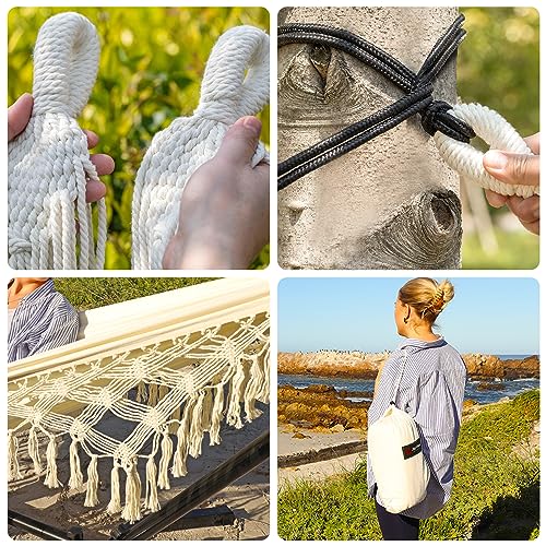 Image of JoyView Boho Macrame Double Hammock with Hanging Ropes & Elegant Tassels 86.6x59 Portable Cotton Hammock for Patio Backyard Porch 450LBS Weight Capacity Perfect for Outdoor /Indoor - Beige Color