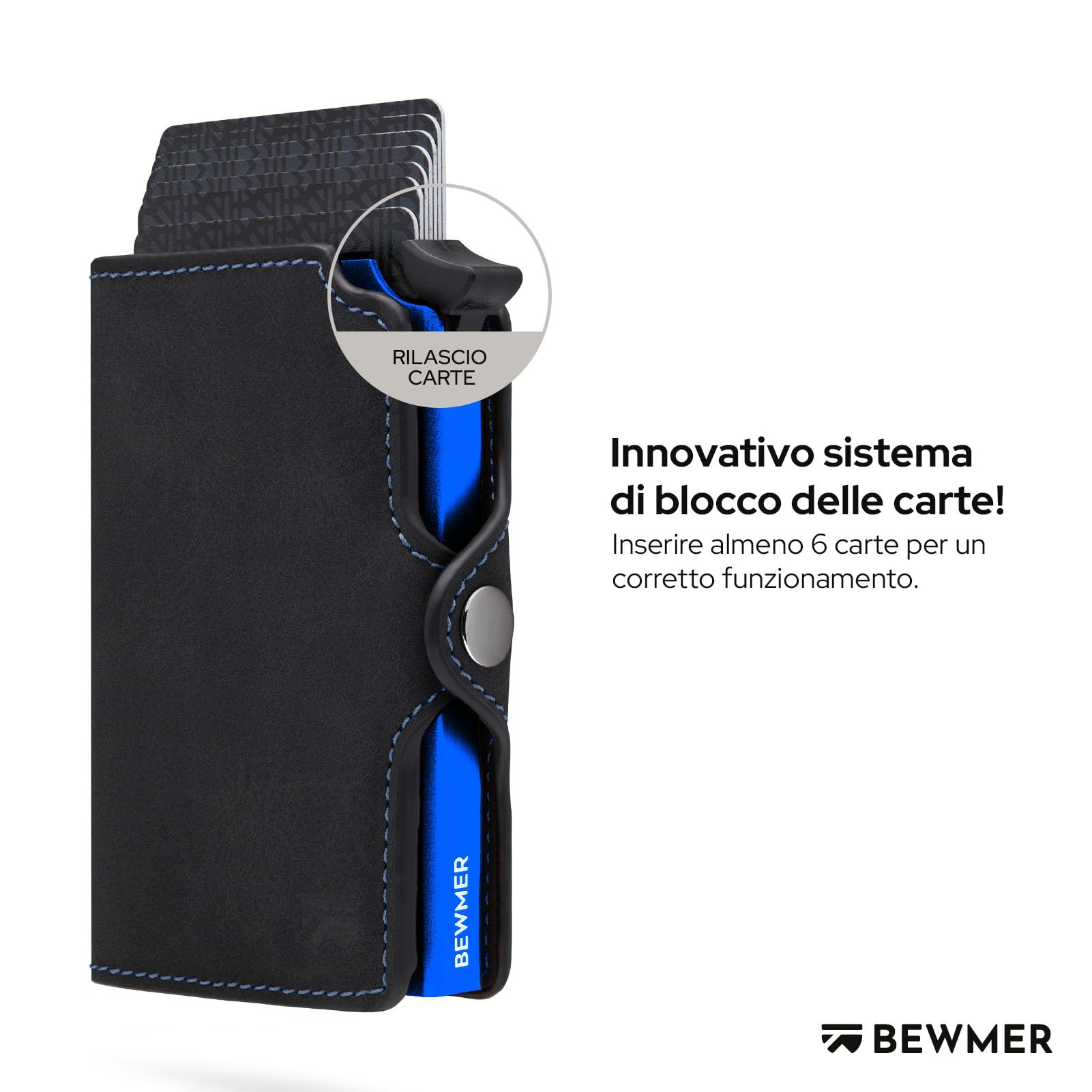 BEWMER Porta Carte di Credito 1 Schermato | Portafoglio Slim da Uomo e Donna | Porta Tessere e Documenti con Rfid Protection e Fermasoldi in Carbon Fiber (NeroElettricoBlu Con zip)