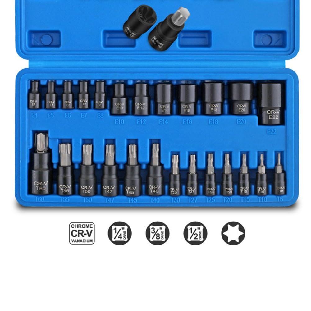 EasyByMall Set di 25 chiavi a bussola Torx ed E, in acciaio legato, punte a stella T8-T60, chiavi Torx esterne Cr-V E4-E22, kit di attrezzi meccanici professionali con custodia