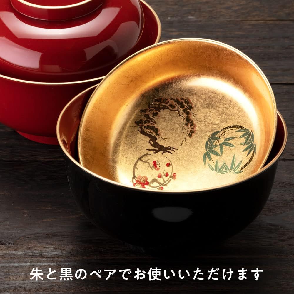 蓋付きお椀ペアセット 雑煮椀 金箔 松竹梅 朱・黒 石川県の工芸品