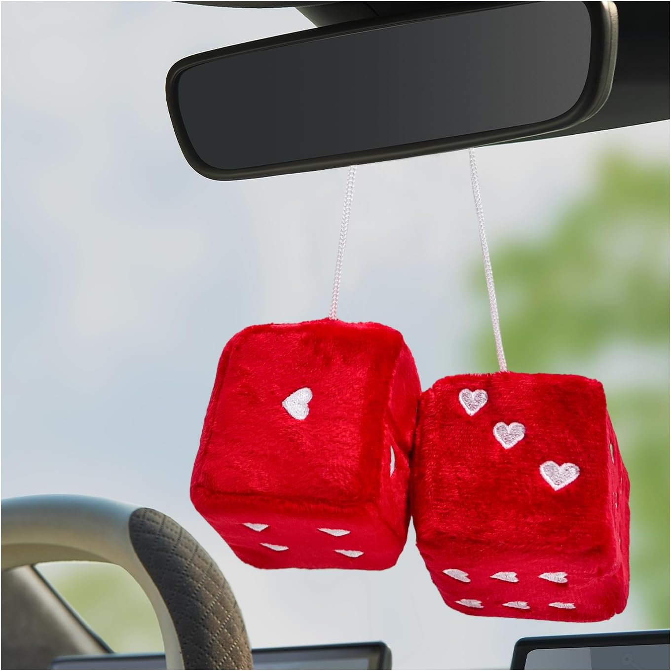 1 Pair Fuzzy Plush Dice for Car Mirror, 3'' Retro Square Dice with Heart-Shape, Plush Retro Dice Hanging Ornament, Universal Interior Hanging Dice Decor for Men Women (Black)