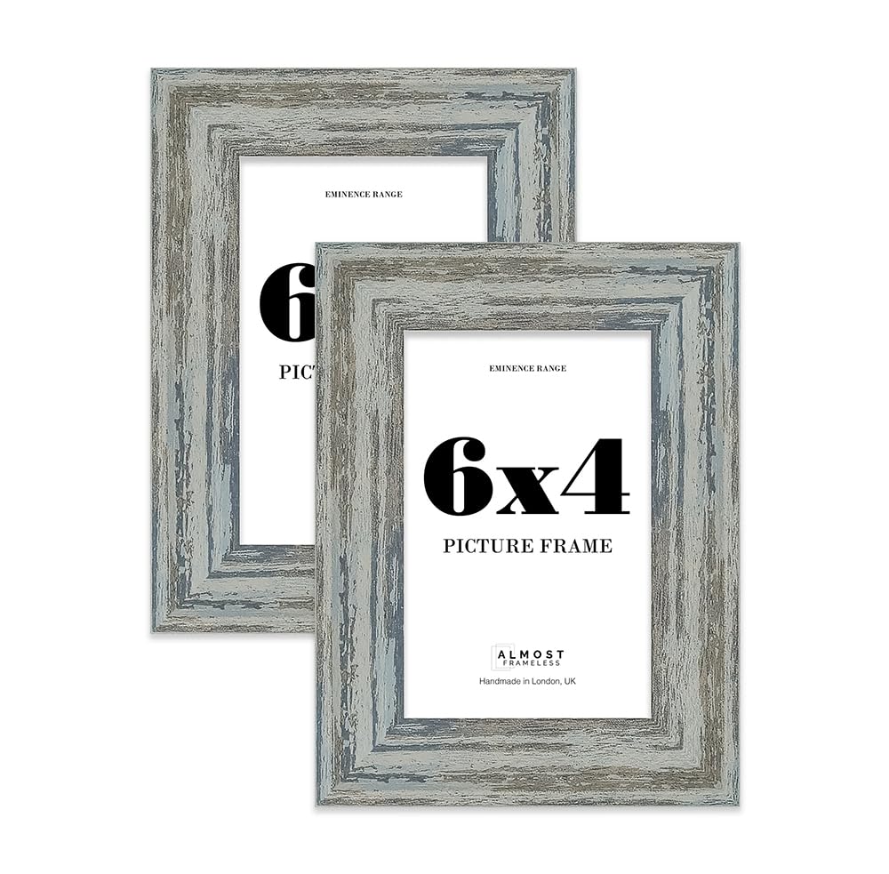 6x4" Distressed Blue Picture Frame - Rustic Wood Industrial Effect Photo Frame for Wall Display, Ideal for Posters, Prints & Home Décor, Wall Hooks and Kickstand, 32mm Edge - 2 Pack
