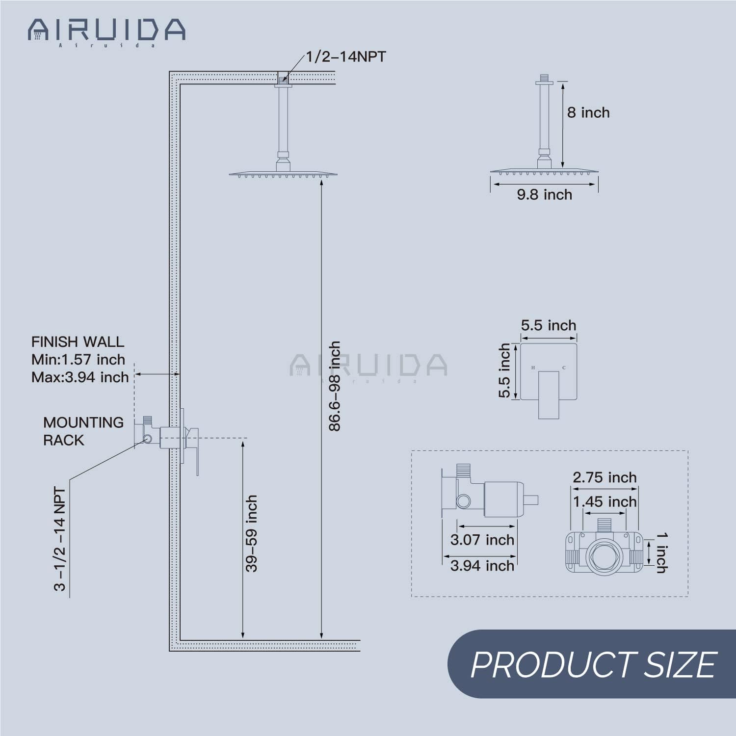 Airuida Shower Faucet Set and Handle Set Single Function Shower Trim Kit Ceiling Mount Rainfall Shower System with Male Threads and Rough-in Valve 10 Inch Square Shower Head Matte Black