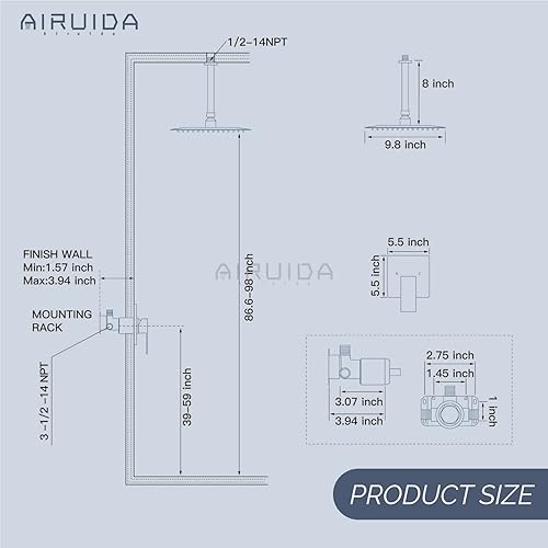 Vista 24 de Airuida Juego de grifo de ducha y mango de una sola función, kit de molduras de ducha de montaje en techo, sistema de ducha de lluvia con roscas