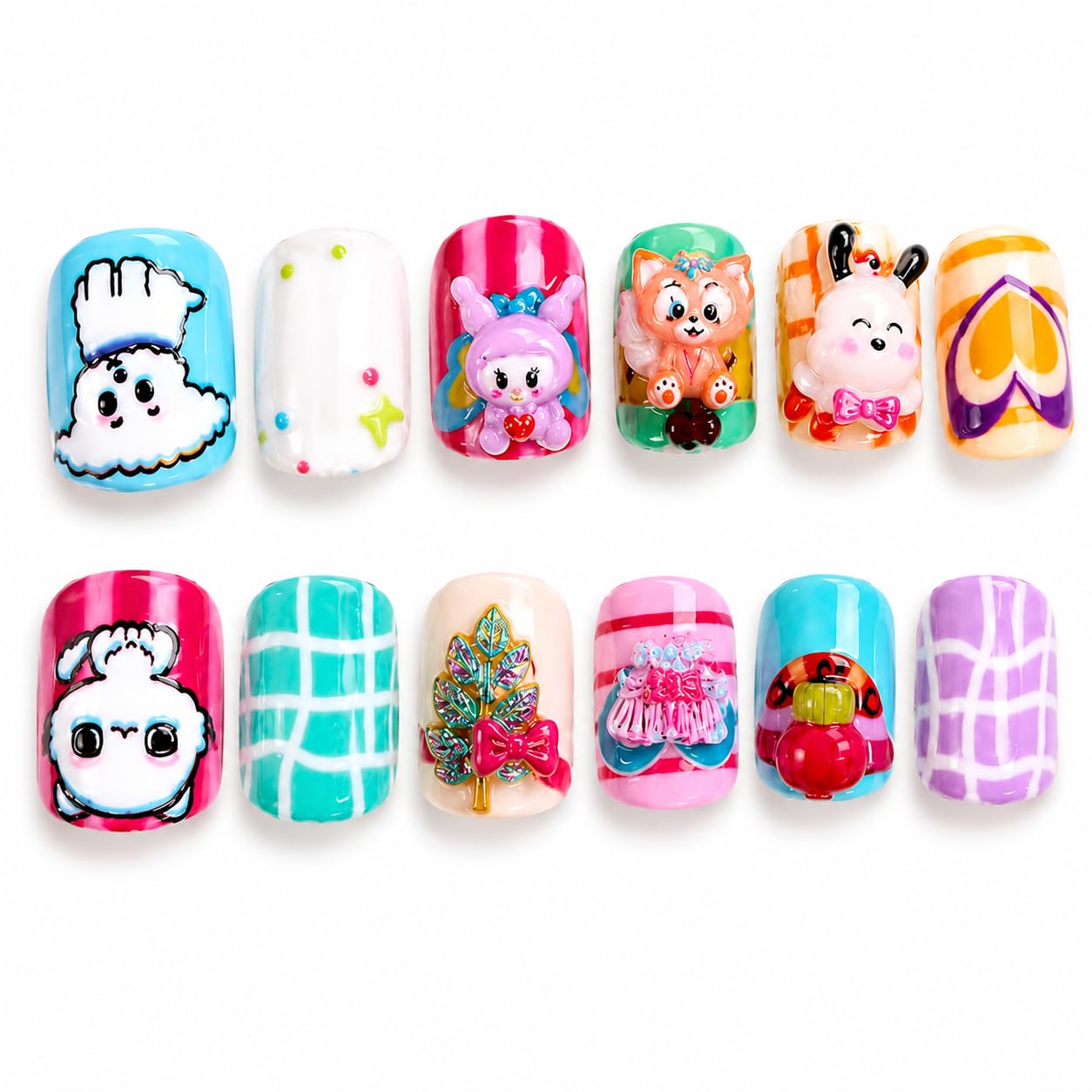 Kids Nails 3D Press-On Nails Set of 12 Pieces for Kids & Adults | Cartoon & Lifestyle Design Artificial Nails | Multicolor Reusable Nail Art Tips | Easy Stick-On Fake Nails for Parties, Festivals & Daily (Design 10)