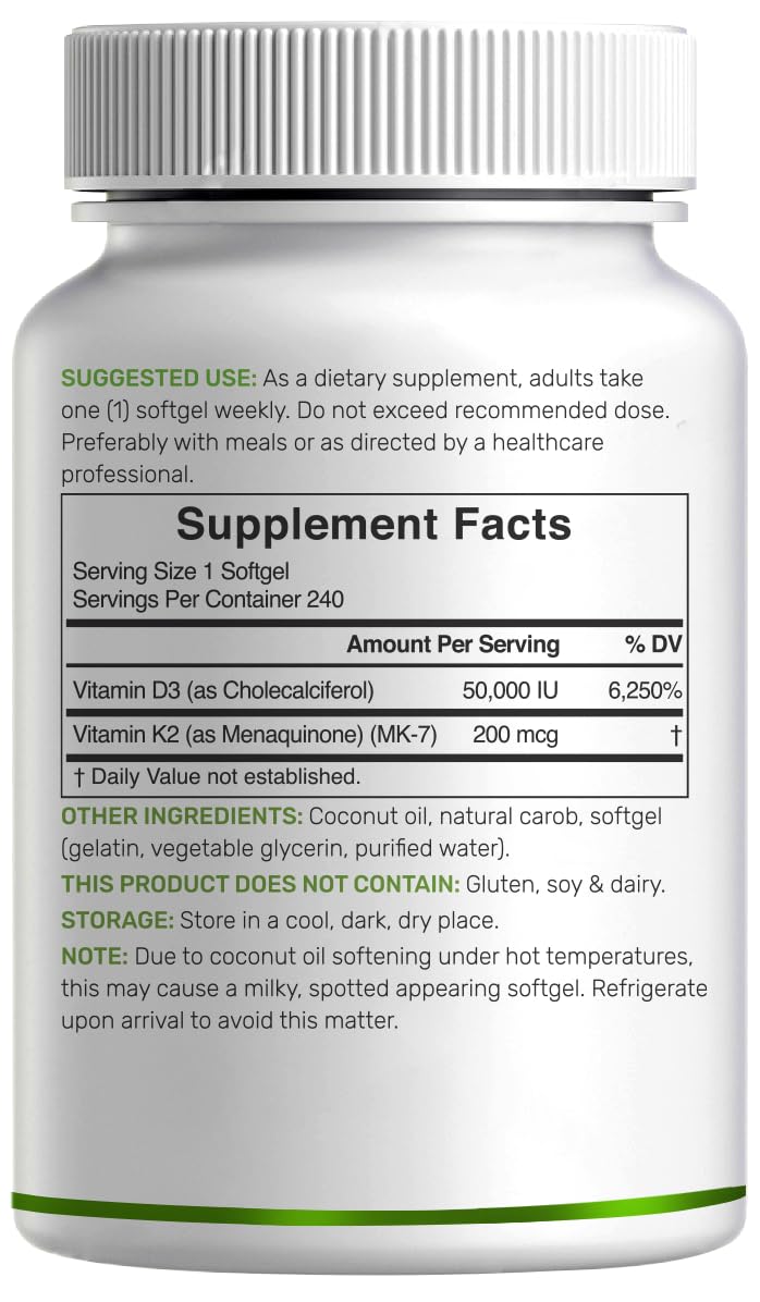 DEAL SUPPLEMENT Vitamin D3 50,000 IU + K2 MK7 200mcg Softgels, 240 Count | 2-in-1 Complex with Virgin Coconut Oil | Supports Heart, Bone, Teeth & Immune Health | Easy to Swallow* — Amazon image 7