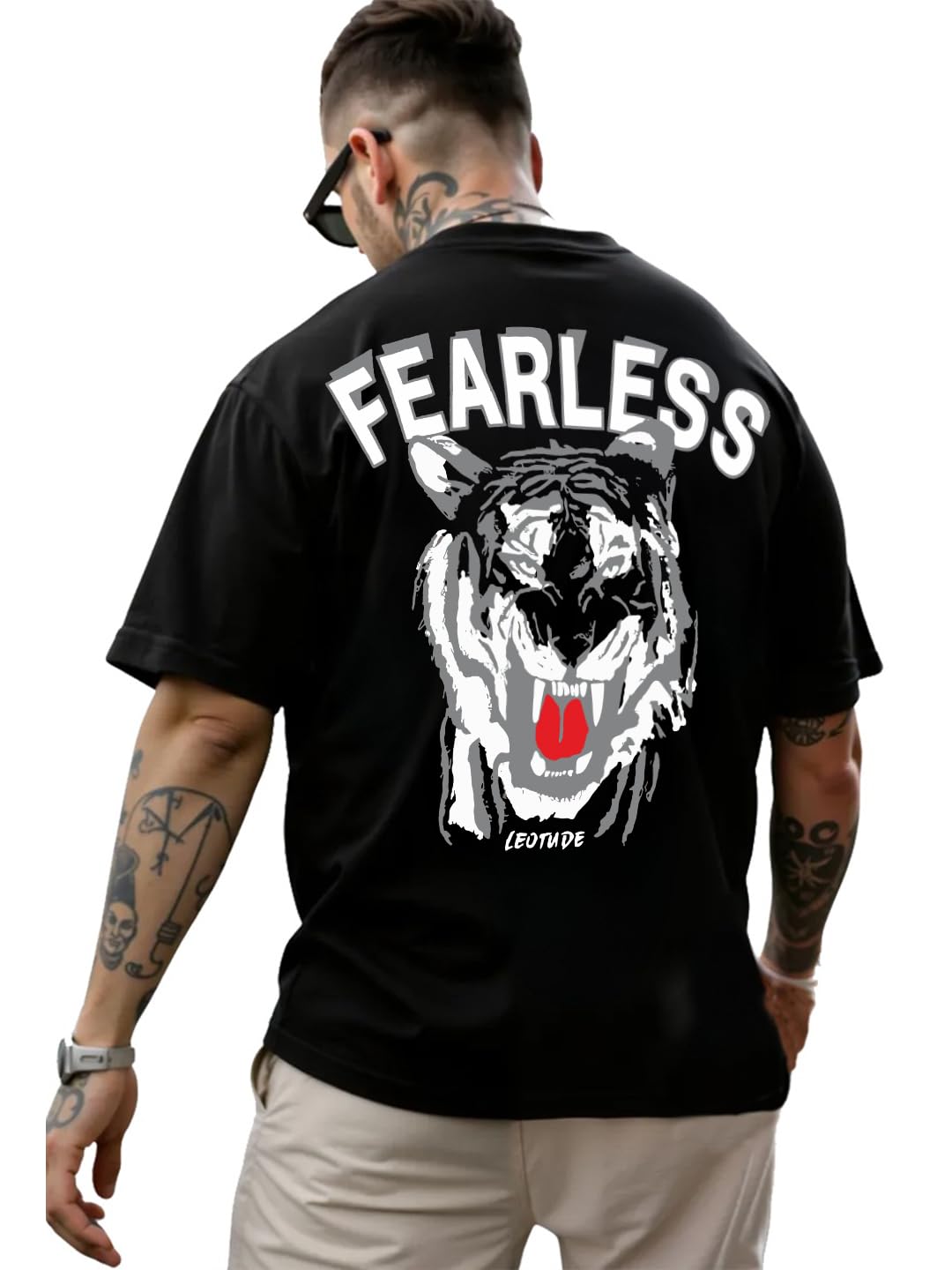 LEOTUDE Men's Oversized Cottonblend Round Neck Half Sleeve Back Printed Drop Shoulder Tshirt(Color : Navy)