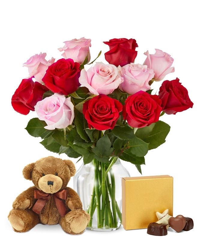 From You Flowers - One Dozen Red & Pink Roses with Chocolates and a Bear with Glass Vase | Fresh Flower Bouquets for Birthday, Anniversary, Get Well or Celebration