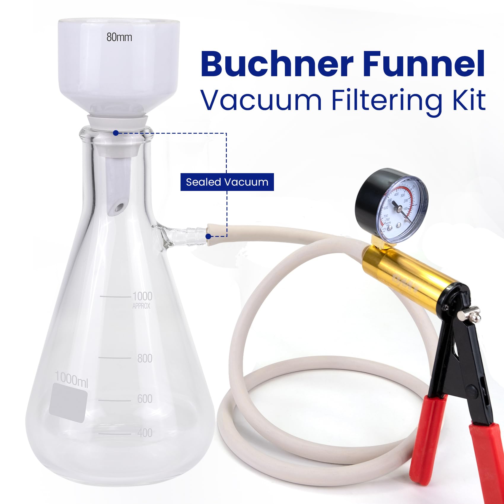 Kit de Filtrado al Vacío Buchner Funnel 1000 mL, Bomba de Vacío Manual, Embudo Buchner de 80 mm, 100 papeles de filtro, manguera de goma y tapones para el Laboratorio | 1000 ml de pistón de filtro, bomba de vacío manual, embudo Buchner de 80 mm, 100 papel