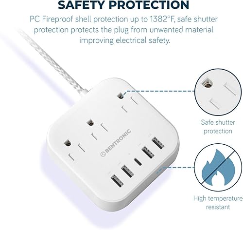 Miniatura 8 de Regleta de alimentación con USB C, 5 puertos USB (25 W5 A), obturador seguro, estación de carga rápida de escritorio, cable de extensión trenzado de