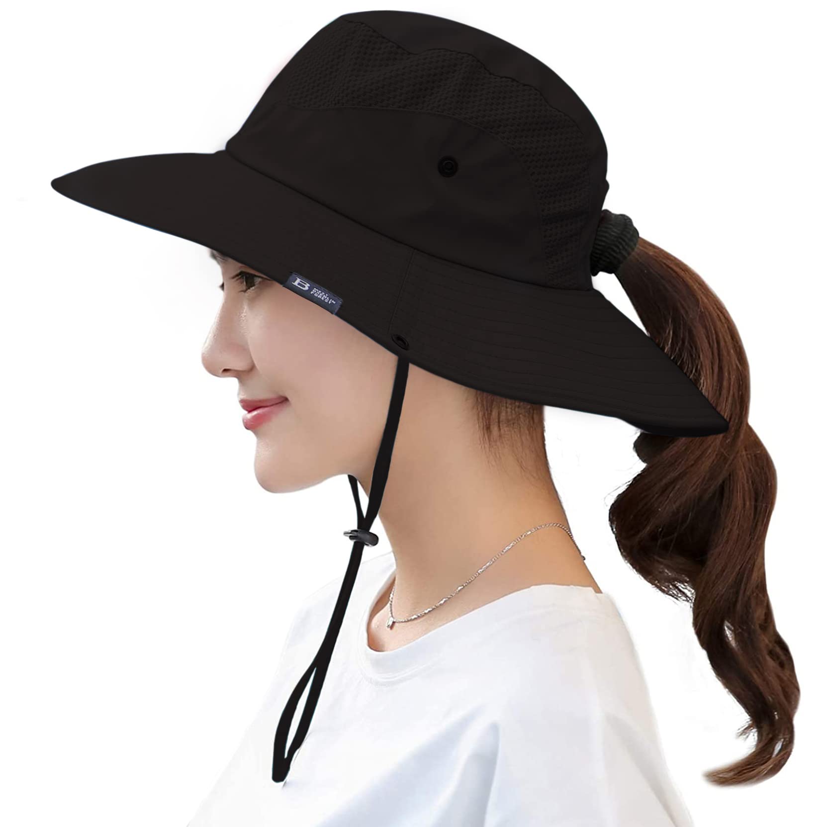 Womens Summer Sun Outdoor UV Protection Foldable Mesh Wide Brim Beach Fishing Bucket Hat with Ponytail Hole
