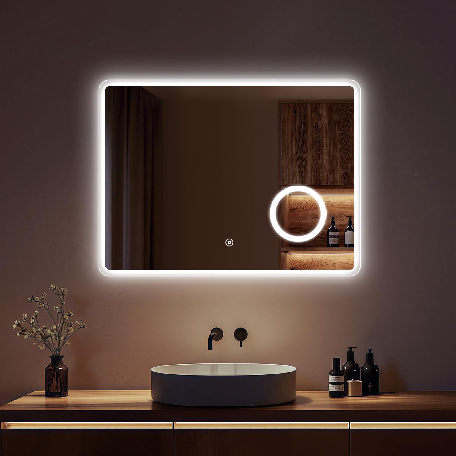 S'AFIELINA Badspiegel mit Beleuchtung Rechteckig 60x80cm – LED Badezimmerspiegel mit Anti-Beschlag & Dimmbar, 3 Farben 3000K-6500K Lichtspiegel, 3X Vergrößerung Kosmetikspiegel, IP65 Speicherfunktion