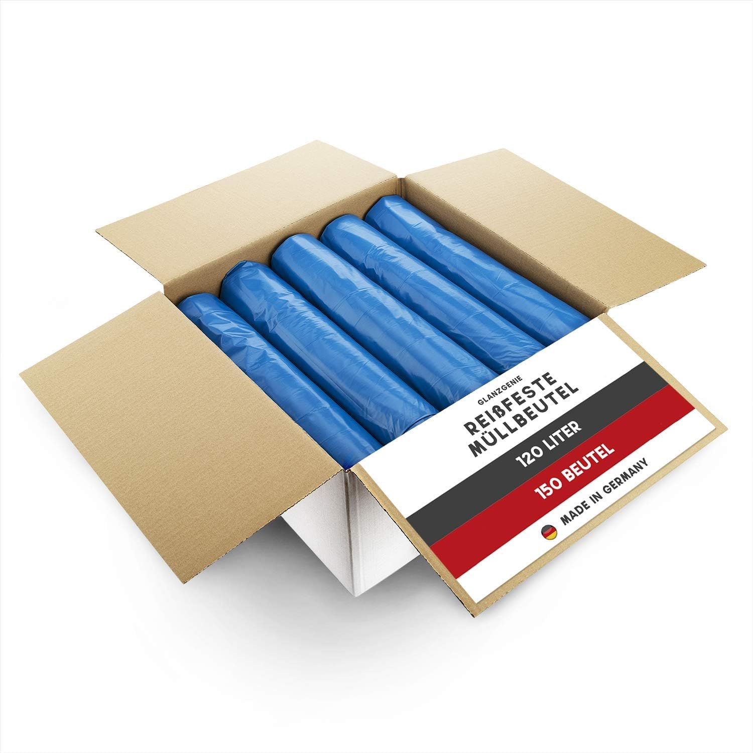 150 Stück reißfeste Müllsäcke 120 L, 79 μm | Typ 100 | extra stark & reißfest | 10 Rollen à 15 Stück| XXL Abfallbeutel - 700x1100mm | LPDE, blau | Müllentsorgung Haushalt, Garten, Gewerbe