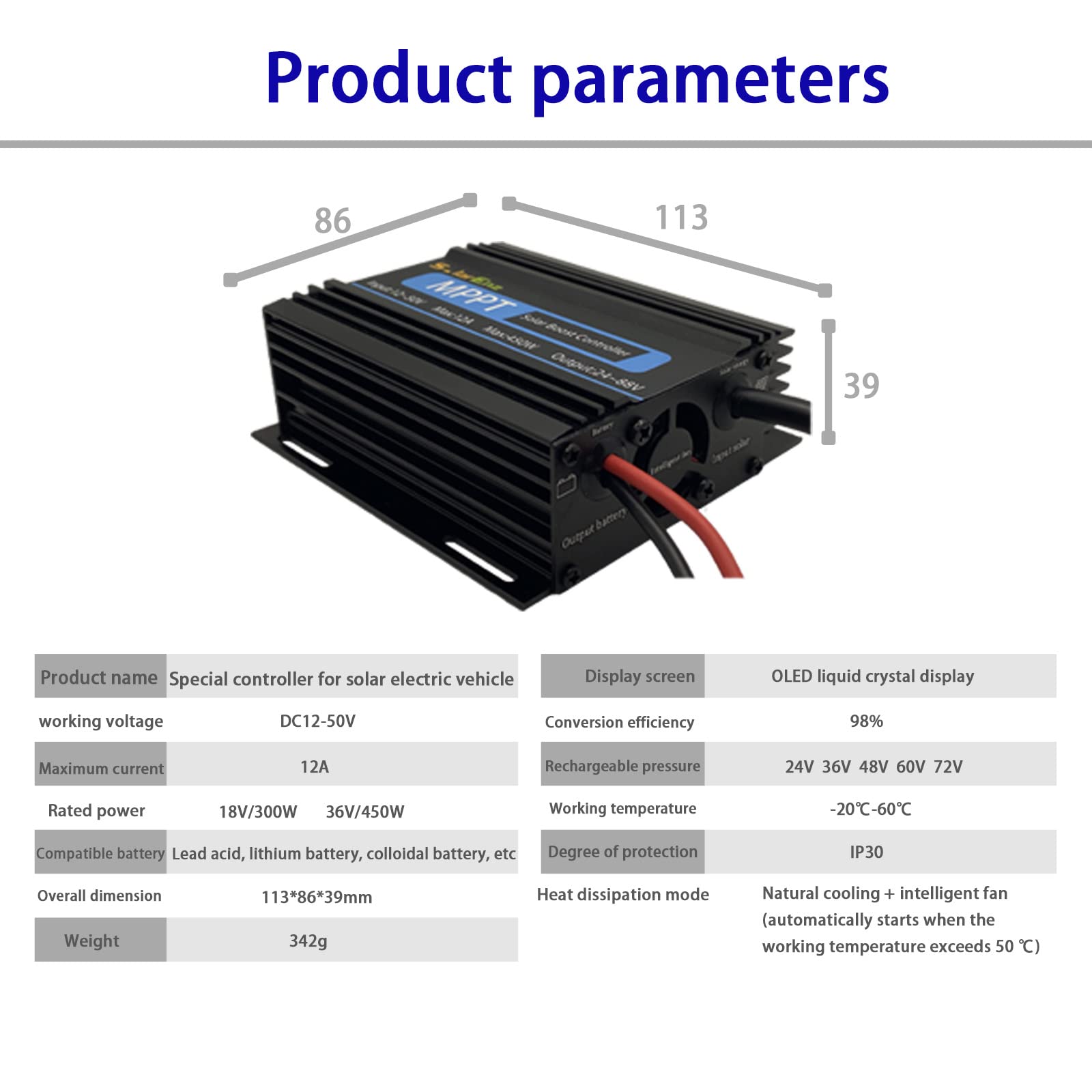 Boost MPPT solarny regulator ładowania 12 A 24 V/36 V/48 V/60 V/72 V akumulatory ołowiowo-kwasowe LiFePO4 żelowe itp. w wózku golfowym, elektrycznym, motocyklu, ładowaniu energią słoneczną, rowerze i
