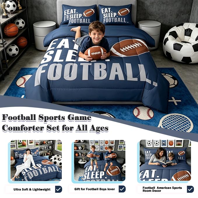 Image of Feelyou Boys Football Comforter Set 7 Pieces Twin Size American Sports Bedding Set for Kids Adults Navy Blue Rugby Bed in a Bag Ball Games Room Decor Football Player Gift