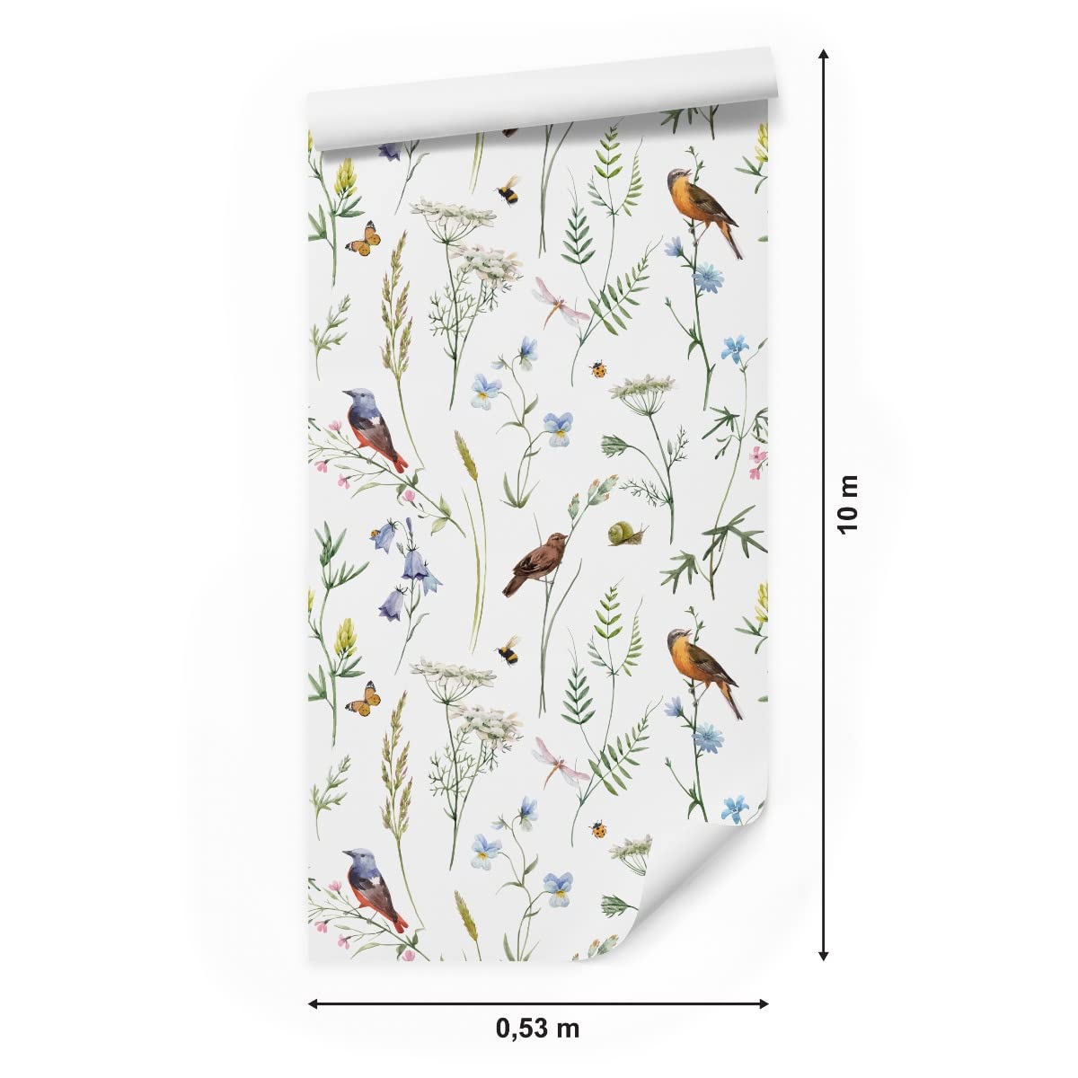 Muralo Tapeta z włókniny, 10 m, rolki, ptaki, kwiaty, liście, owady, natura, dekoracja XXL, tapeta z włókniny, 1000 x 53 cm, tapeta ścienna, do jadalni, salonu, sypialni, nowoczesny wzór, dekoracja