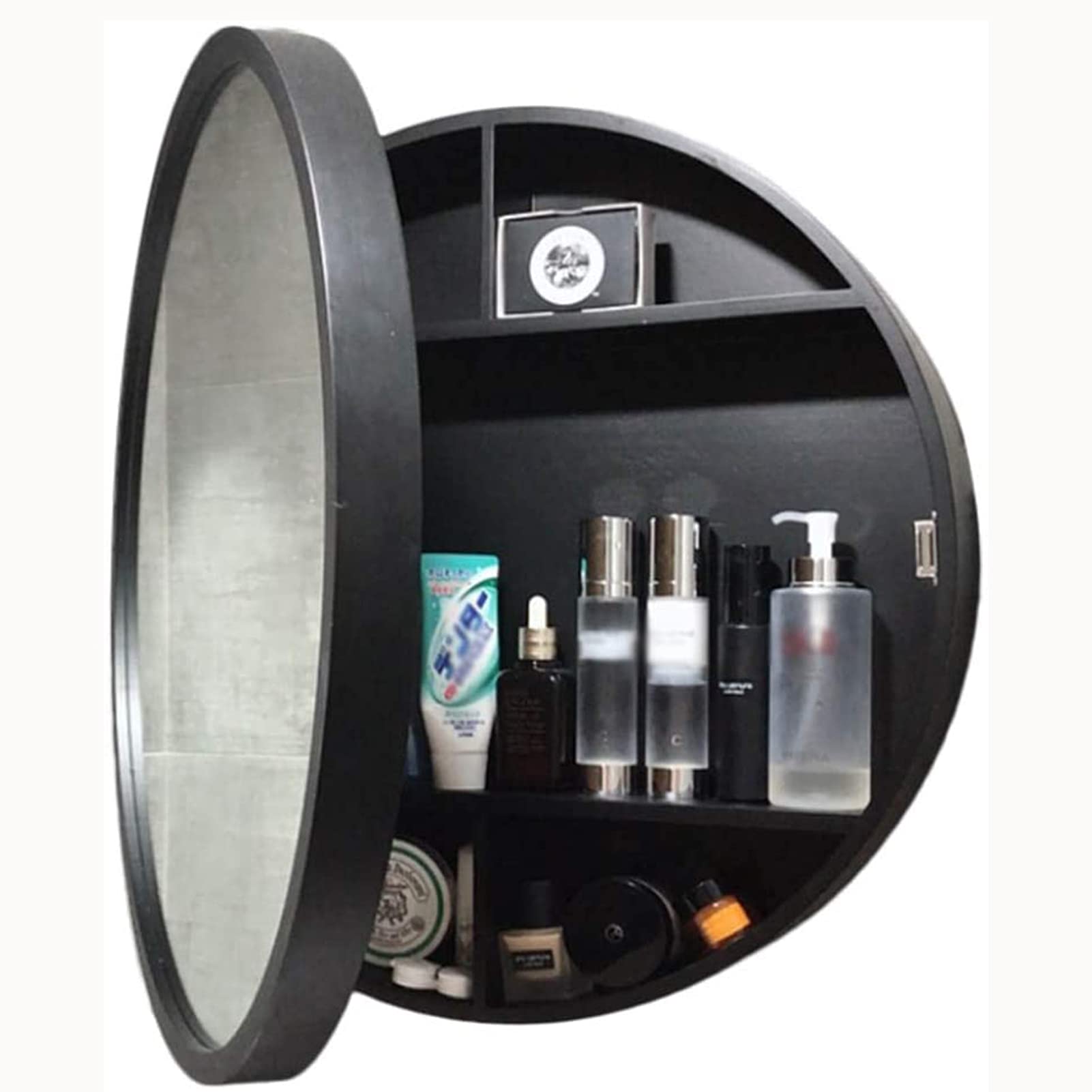 Gabinetes con Espejo de baño de Madera Maciza, Espejo de Pared Redondo, Espejo de tocador con función de Almacenamiento, Espejo Deslizante de Pared para baño, Espejo de Almacenamiento de Muebles gra