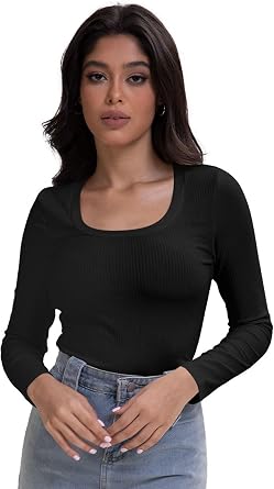 Womens Long Sleeve Fitted Casual Tops Tee Slim Basic Shirts with Scoop Neck