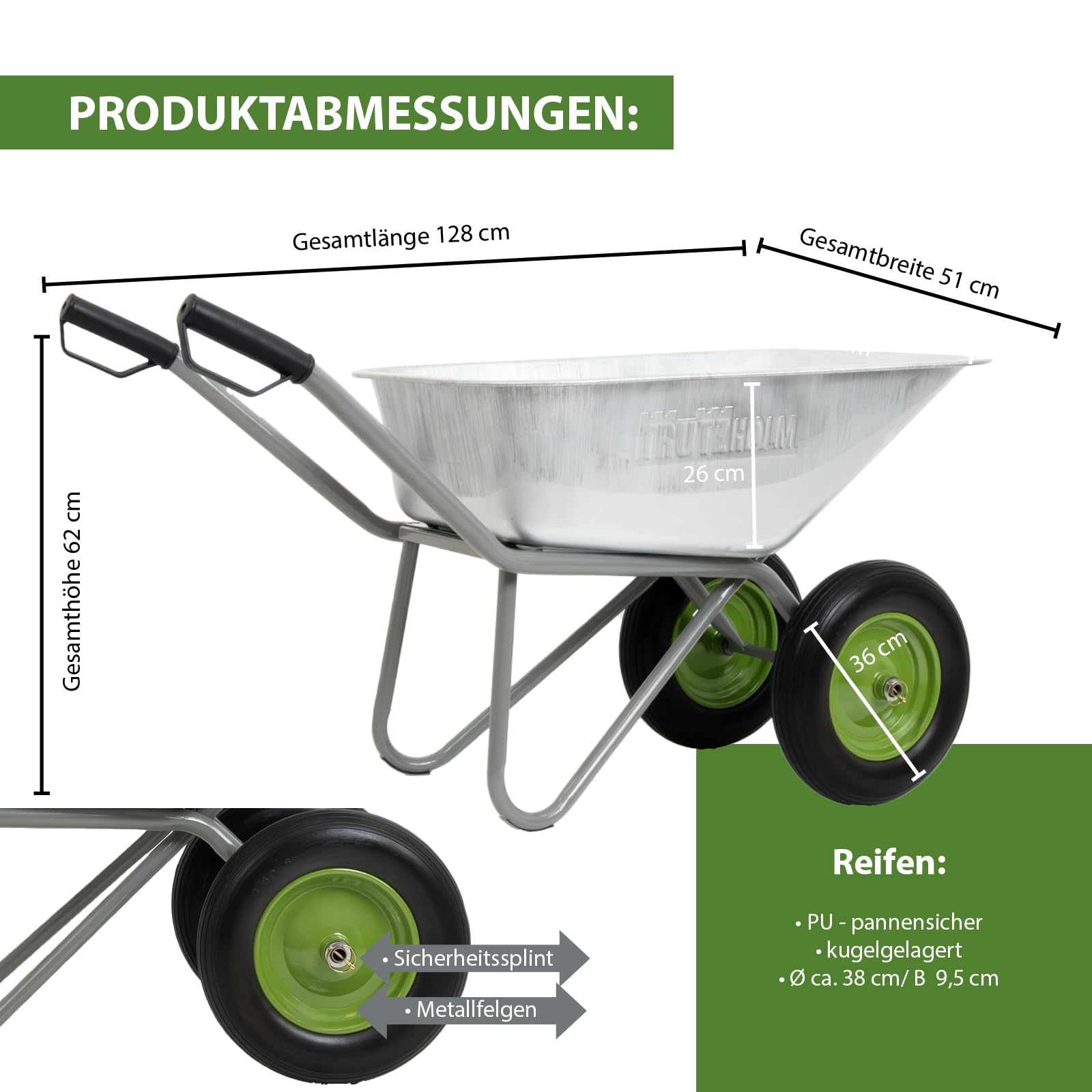 TRUTZHOLM 2-Rad Schubkarre 150L 150kg | stabile Gartenkarre Baukarre kippsicher | verzinkte Wanne | pannensichere PU-Räder | pulverbeschichteter Stahlrahmen | Sicherheitsgriffe | Zweirad