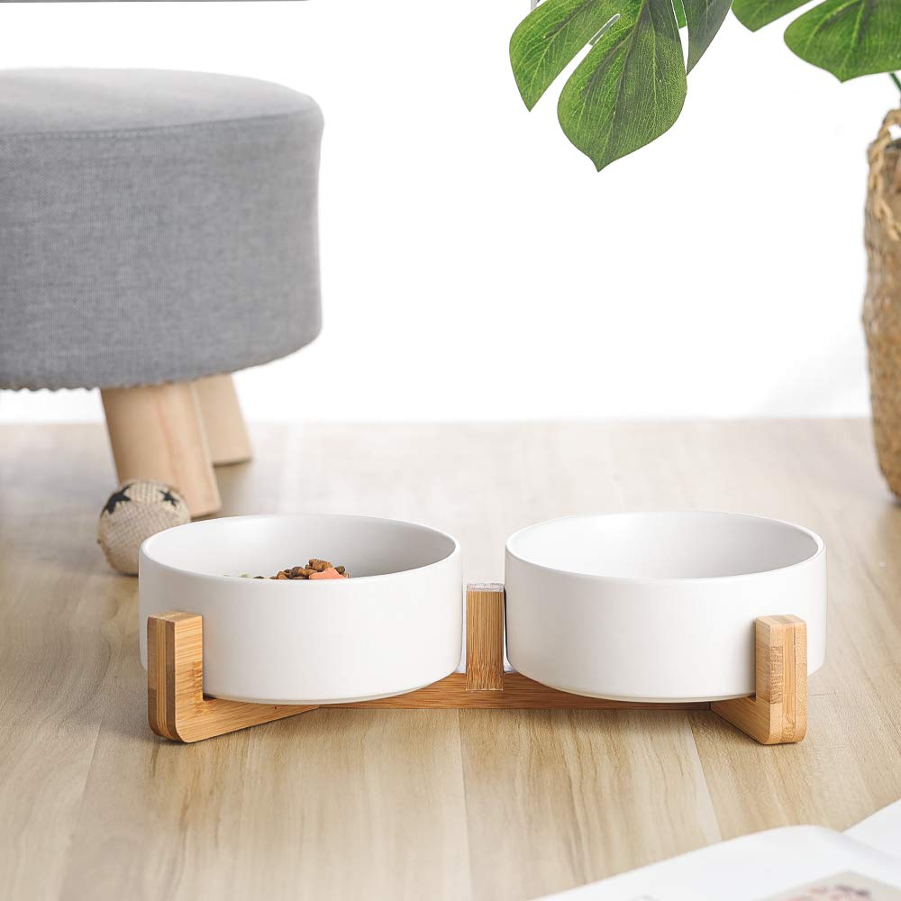 AHX Futternapf Katze 2er Set mit Holzständer - Doppelter Katzennapf Keramik für Wasser und Futter - Fressnapf Hund Klein - 2 x 480 ml