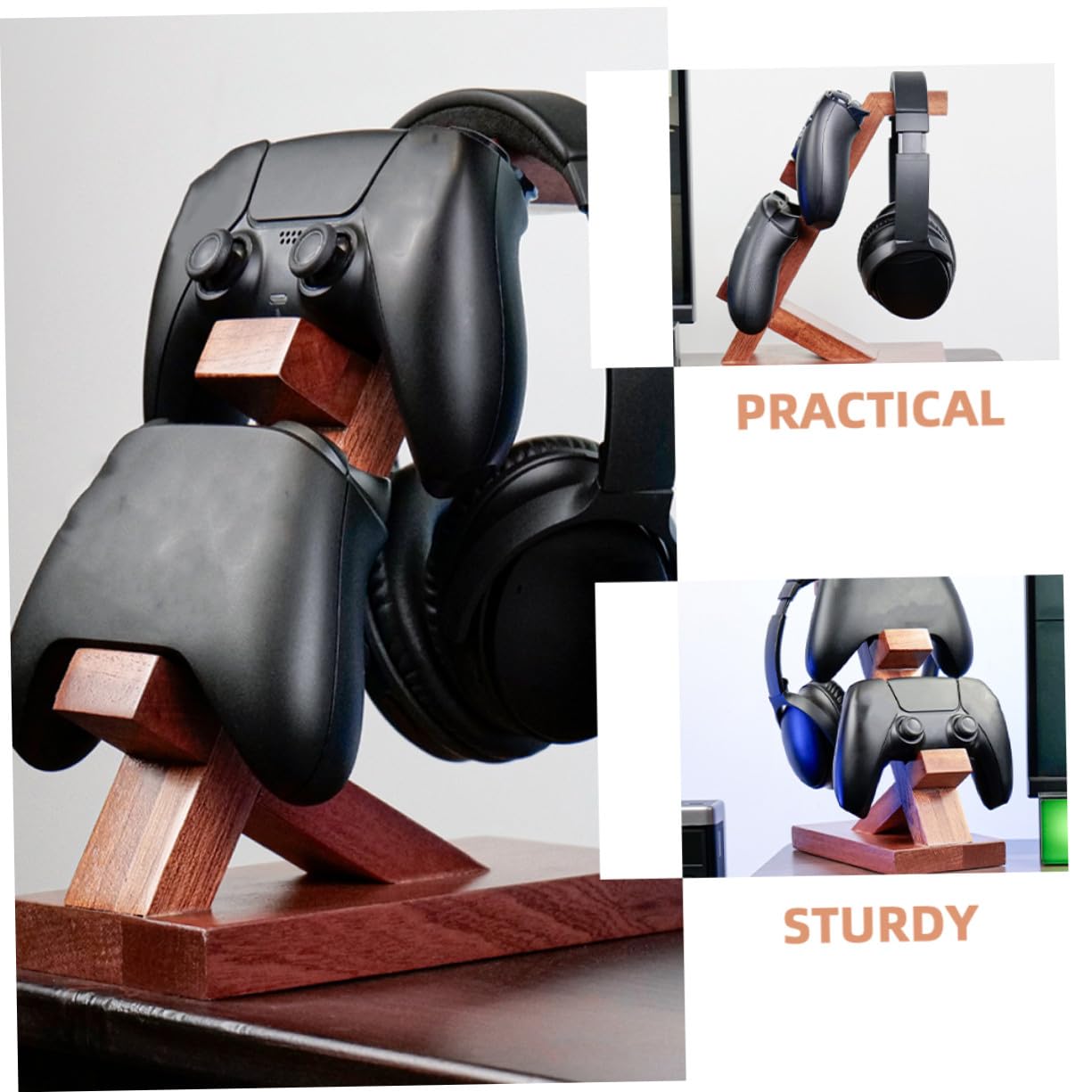 Supporto Controller e Cuffie da Tavolo in Legno Stile Multifunzionale per Console Organizer da Parete Solido e Decorativo per Accessori Gaming