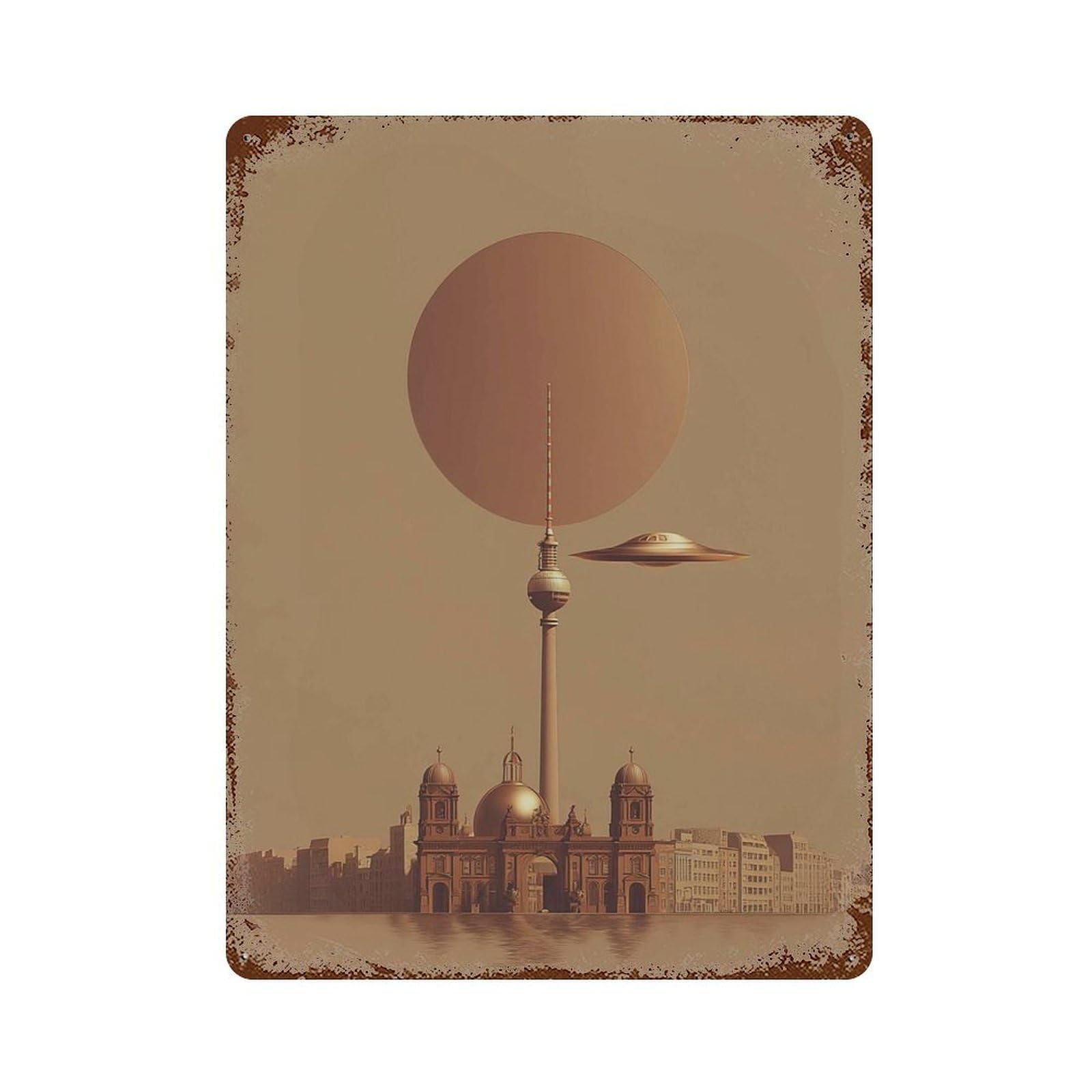 xiaoxiaoshen Berlin UFO Futuristic Surreal City Sci Fi Architecture Work Modern Minimalist Wall Decor Art Metal Tin Poster Modern Home Decor Art Home Bar Shop Decorations Vintage Sign 40x30cm
