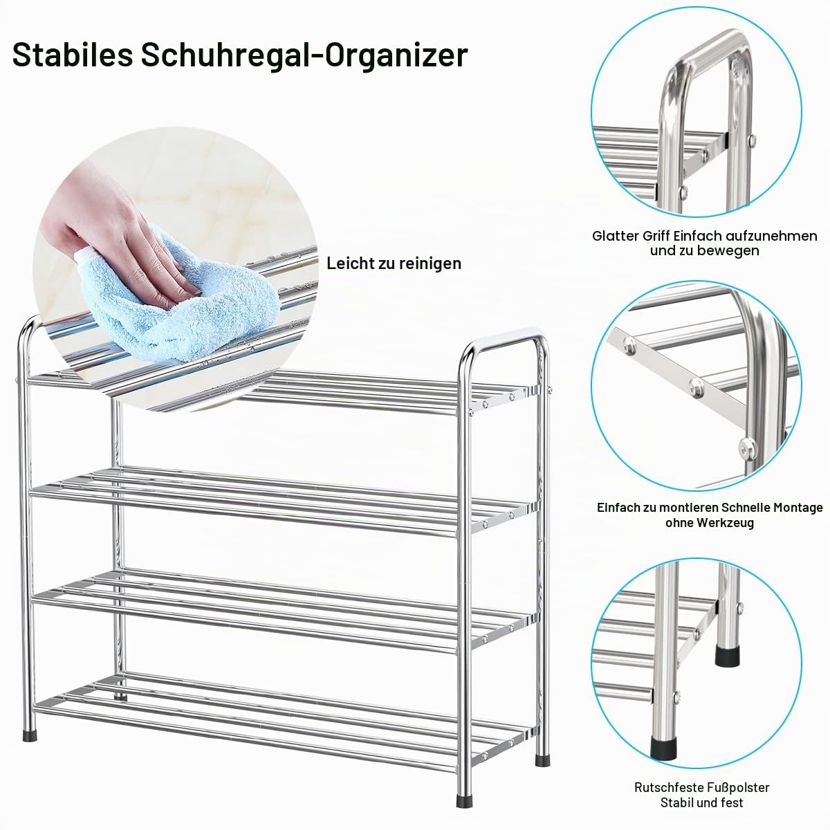 FANHAO Schuhregal, Schuhregale 4 Ebenen Edelstahl, Schuh-Organizer für bis zu 12-16 Paar Schuhe, Schuh Regal für Wohnzimmer, Garderobe und Flur, 68 x 26 x 65 cm