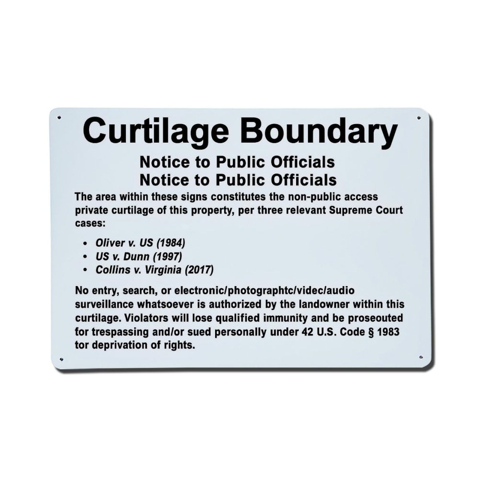 Curtilage Boundary Notice Signs Metal Tin Sign Plaque