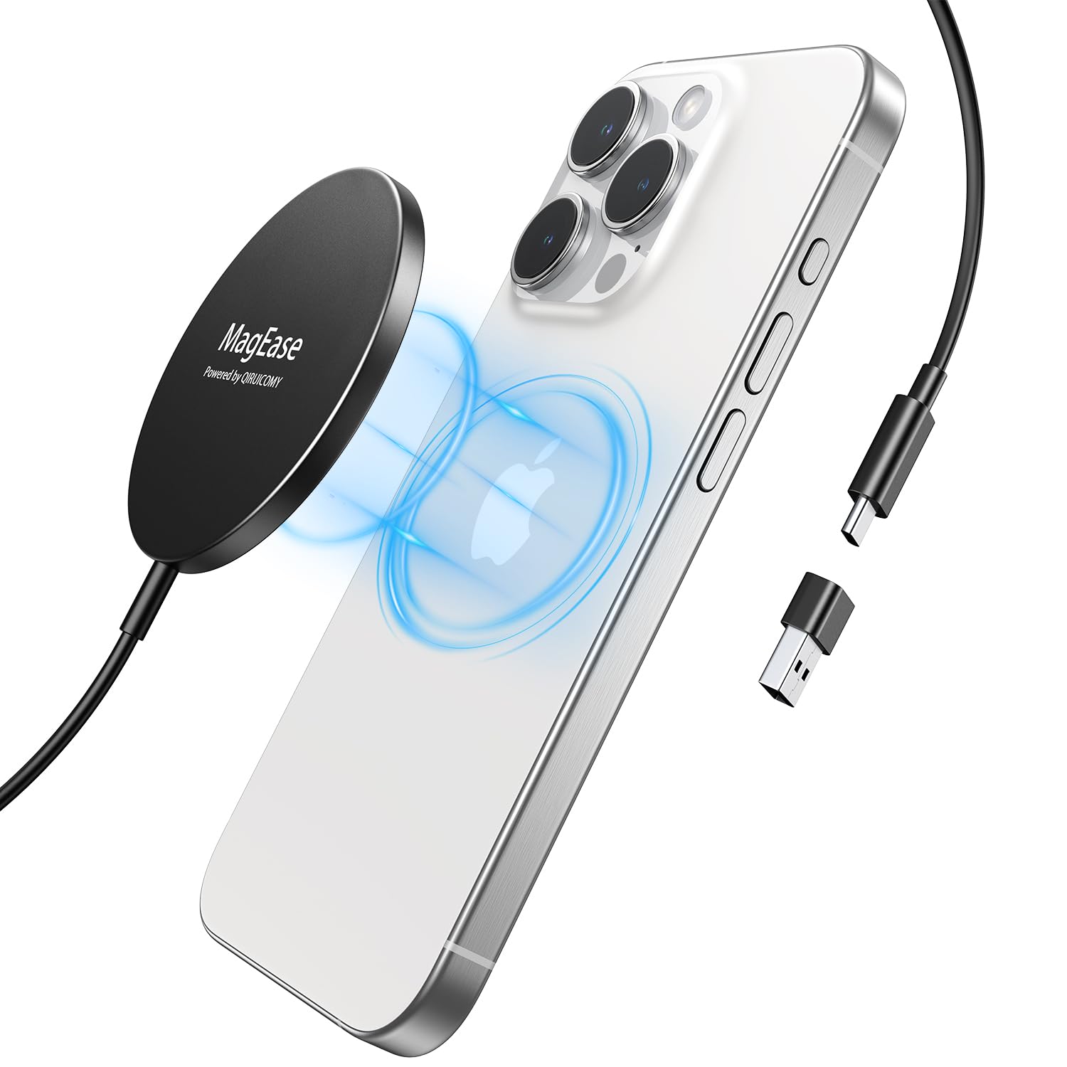 Chargeur MagSafe JSAUX 15W Pour IPhone 16/15/14/13/12 - Charge Sans Fil Magnétique Rapide - Compatible AirPods - Bleu