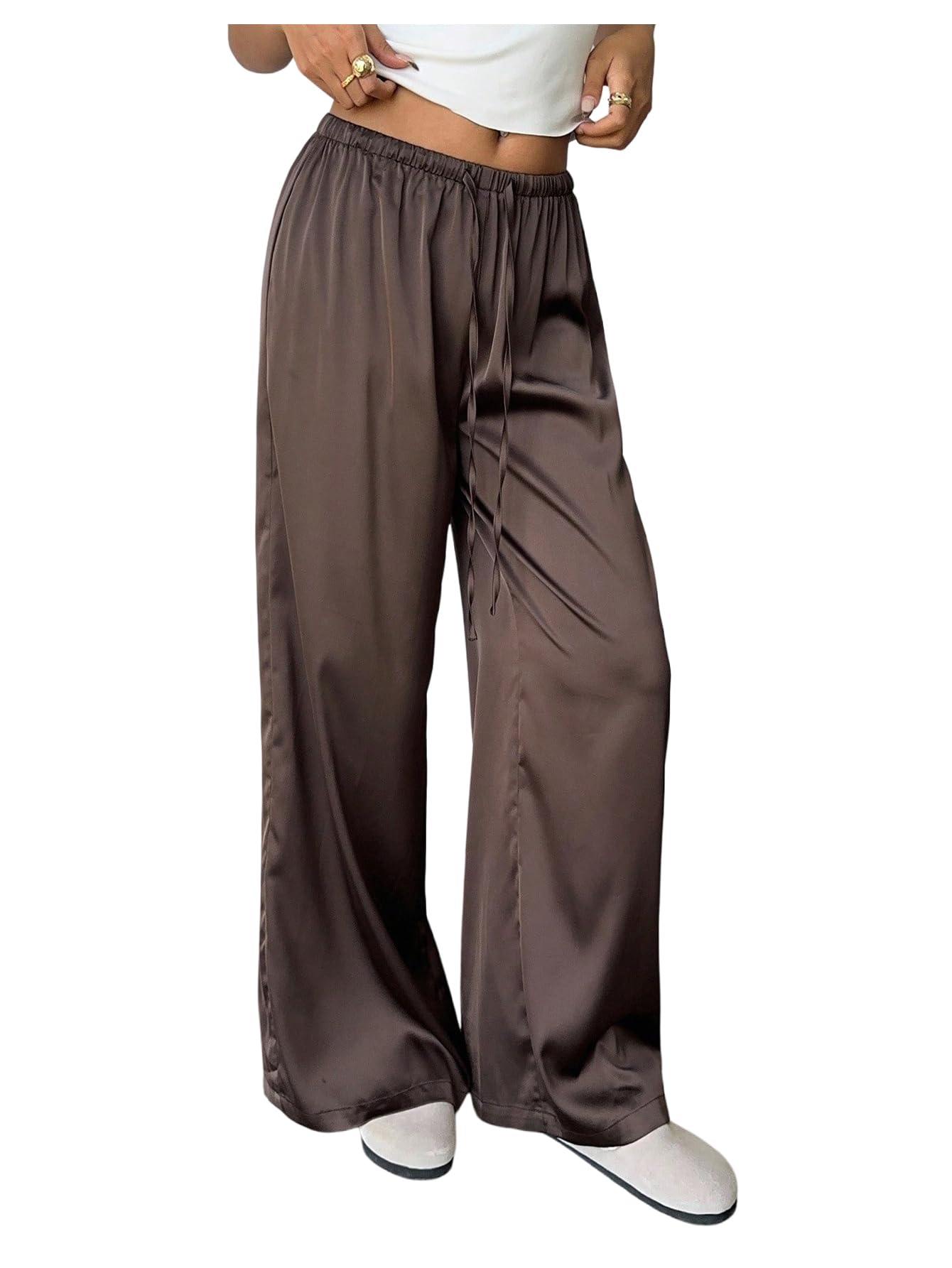 MakeMeChic Womens Satin Fall Pants Drawstring Waist Straight Leg Low Rise Trousers