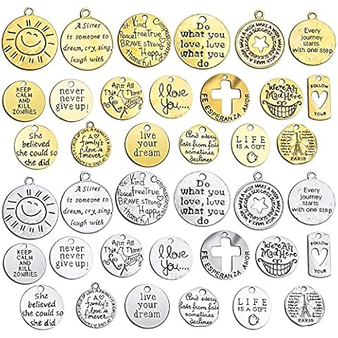 Words Charms,40pcs Inspiration Words Charms Antique Silver Message Pendants Craft Supplies Jewlry Findings for DIY Necklace Bracelet Keychain Cover