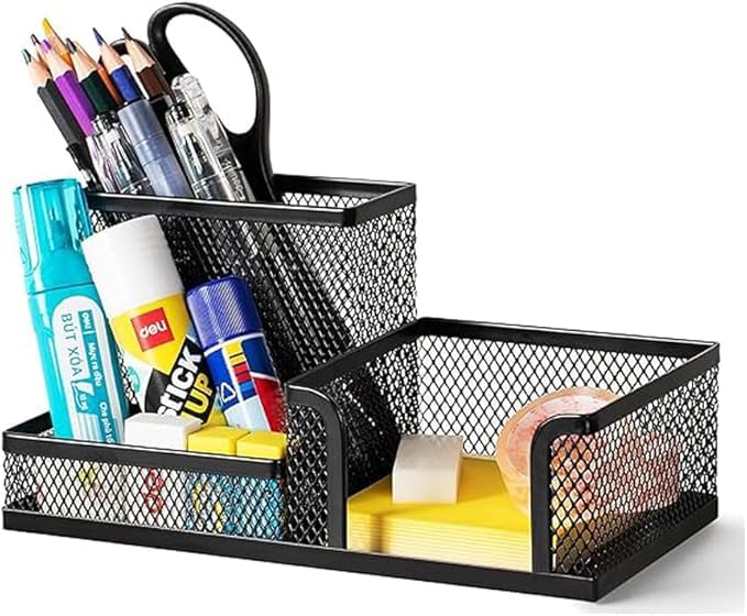 Mesh Desk Organiser Black Pencil Holder Tidy 3 Compartment Desktop Stationery Storage Tool Sticky Notes Organizer & Pen Holders Ideal For Bed Room Class Room & Office Table Accessories