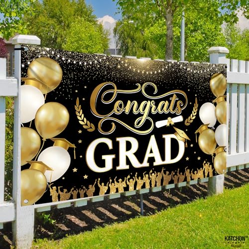 Image of Congrats Grad Banner - 72x44 Inch, Congratulations Banner Class of 2026, Black and Gold Graduation Decorations 2026 Graduation Banner for Graduation Party Decorations, Graduation Backdrop, KatchOn
