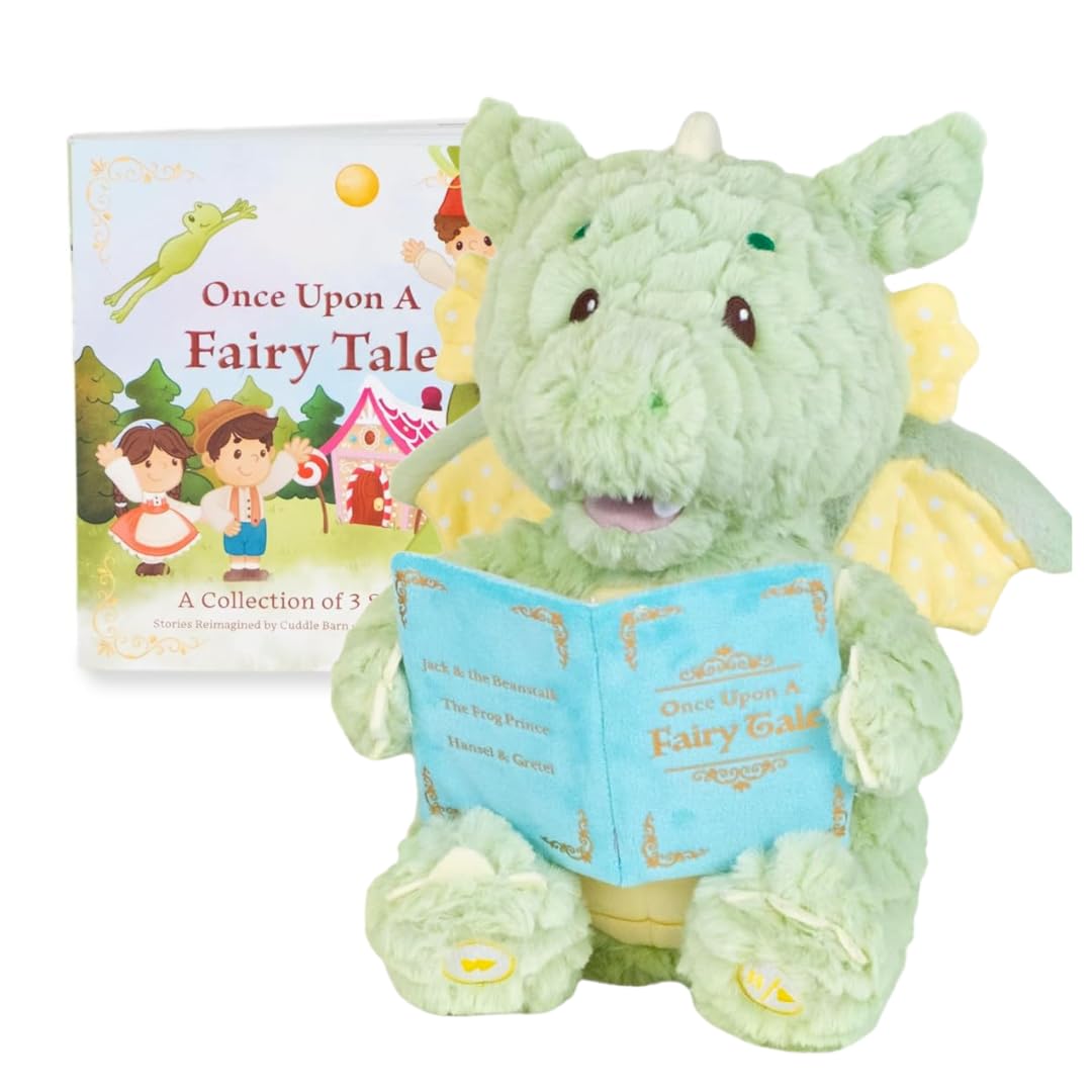 Cuddle Barn - Read-with-Me Dustin | Animated Storytelling Fluffy Green Dragon Moves Mouth Reads 3 Fairy Tales and Comes with Read-Along Book, Great for Nurseries and Kids' Rooms, 12 inches