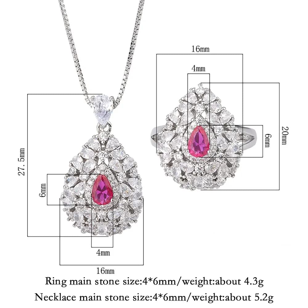 LYGXWJFC 4 * 6mm Collana con Ciondolo in Rubino Anelli per Donna Set Completo di Gioielli da Sposa con Pietre preziose con Diamanti da Laboratorio Regalo Femminile