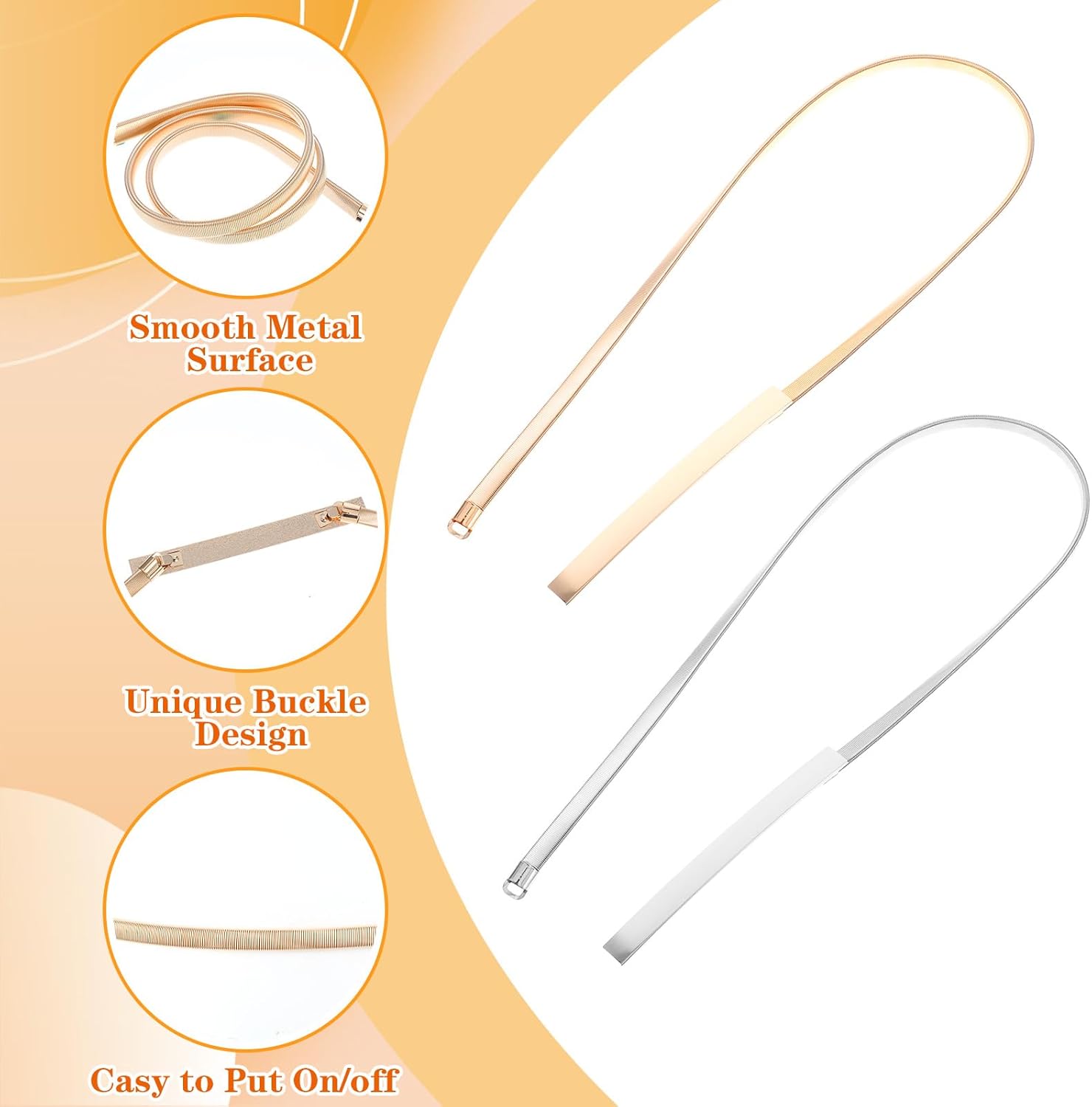 2 Pack Skinny Metal Cinch Belt for Dress, Womens Elastic Thin Metal Waist Belt Fashion Retro Fancy Cinch Belts Stretch Silver Gold Waistband Elastic Chain Belts for Women - Image 3