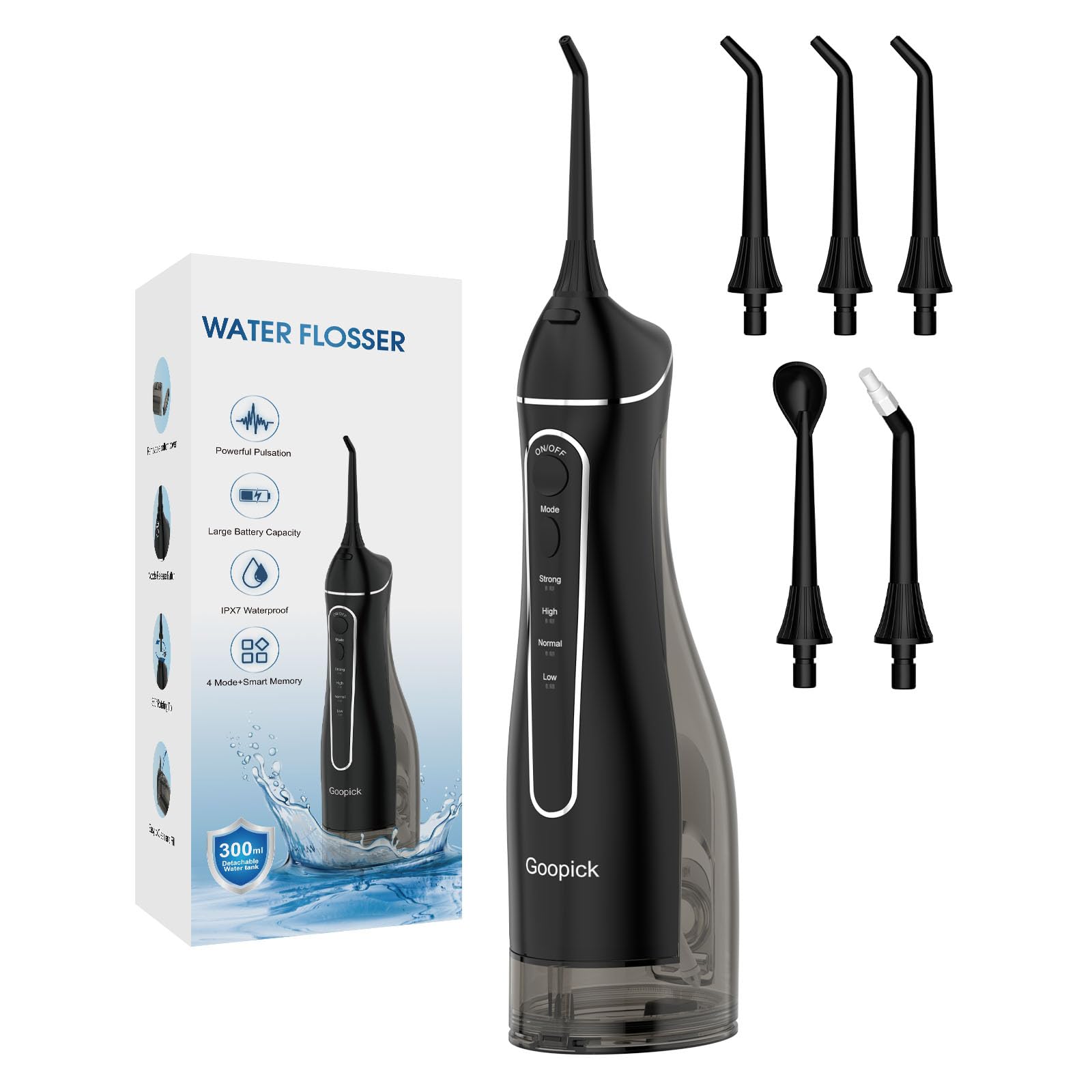 Water Flosser 300ML Large Tank IPX7 Waterproof Oral Irrigator 4 Modes Cordless Portable Dental Water Flosser with 5