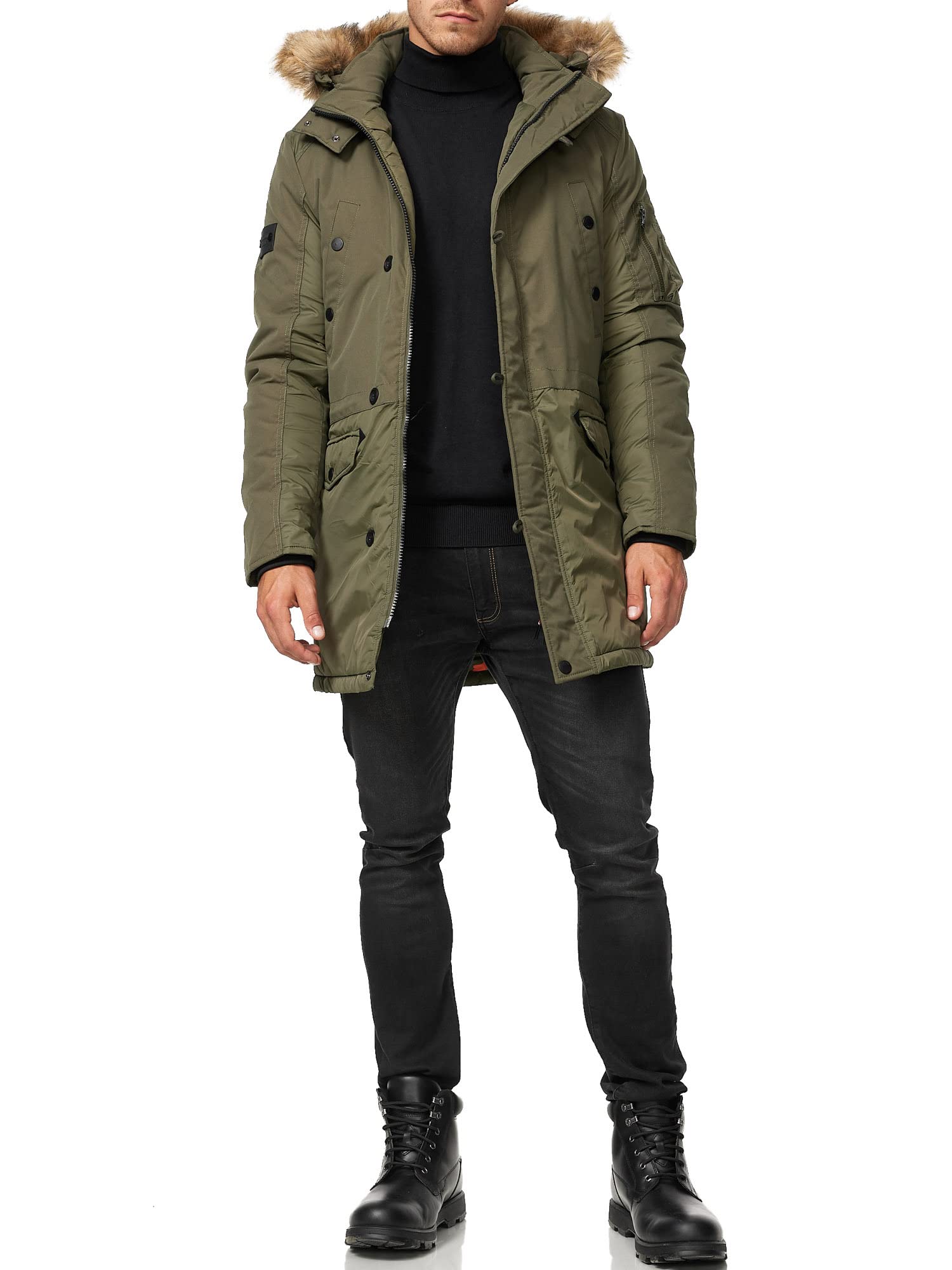 Indicode Hombres Jarl Parka de invierno con capucha extraíble de pelo sintético y cuello alto