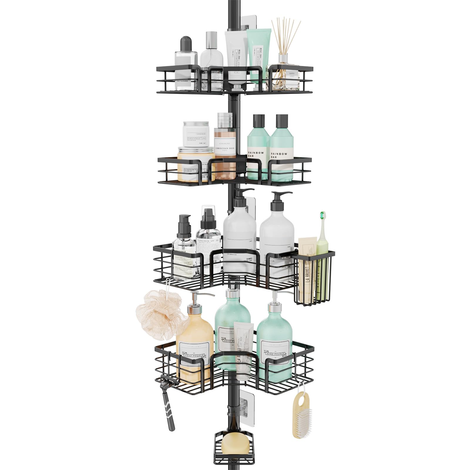 SWTYMIKI Duschregal Teleskop Dusche Teleskopstange - 4-Tier Teleskop Eckregal Dusche mit Seifenhalter, Zahnbürstenhalter und 4 Haken, verstellbarer Edelstahl Duschablage Ohne Bohren Ecke, 70-275cm