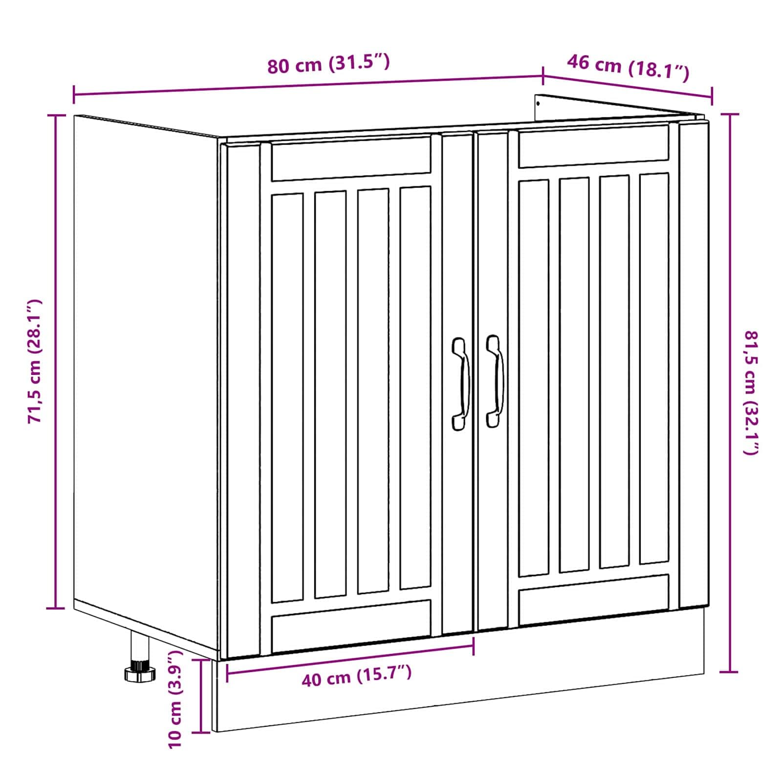 Hothingwell - Mueble bajo fregadero (80 x 46 x 81,5 cm), color blanco brillante | Puertas rasantes, Manijas de arco negro, patas poste, almacenamiento de cocina