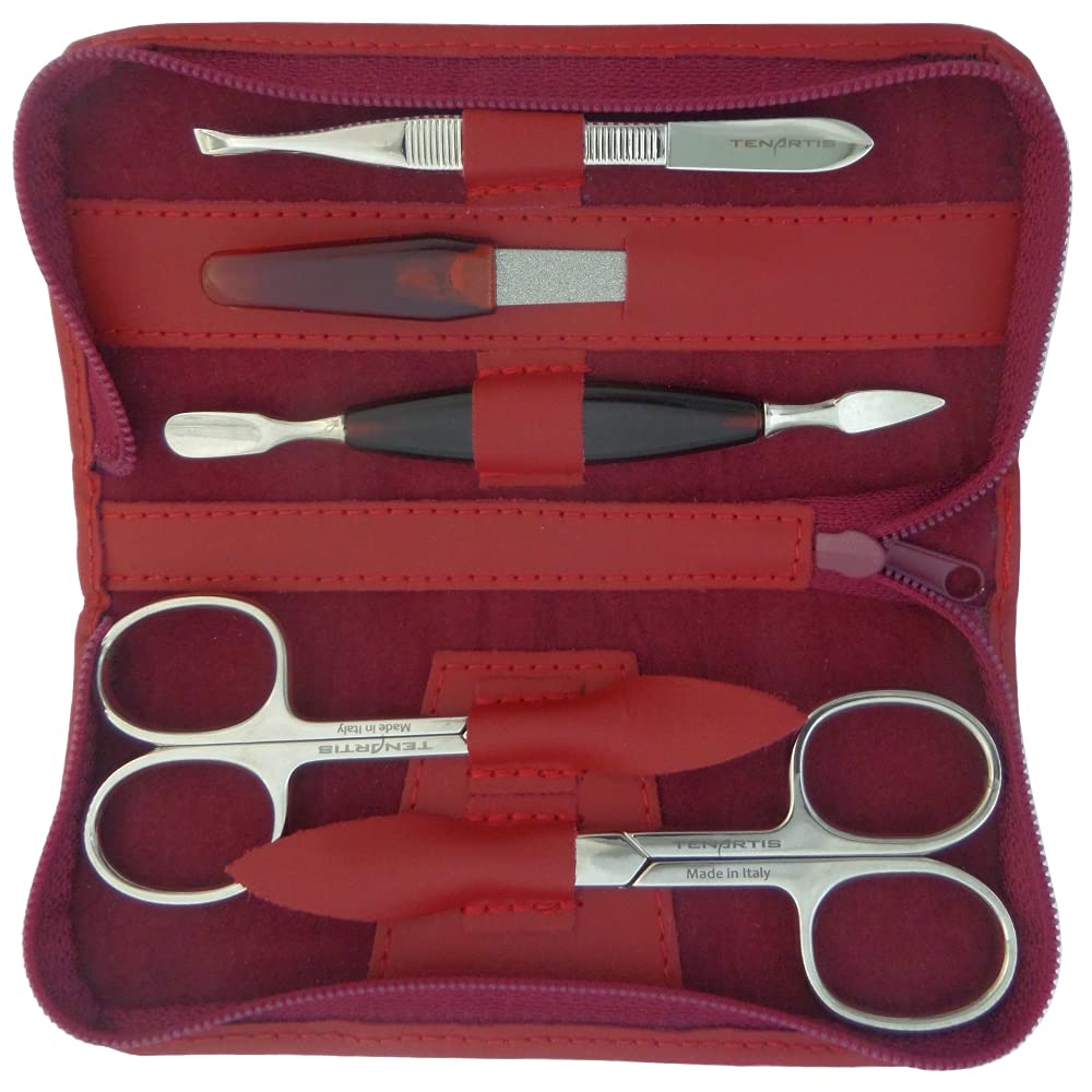 Set Manicure 5 Pezzi in Vera Pelle Bordeaux con Cerniera - Tenartis 345 Made in Italy