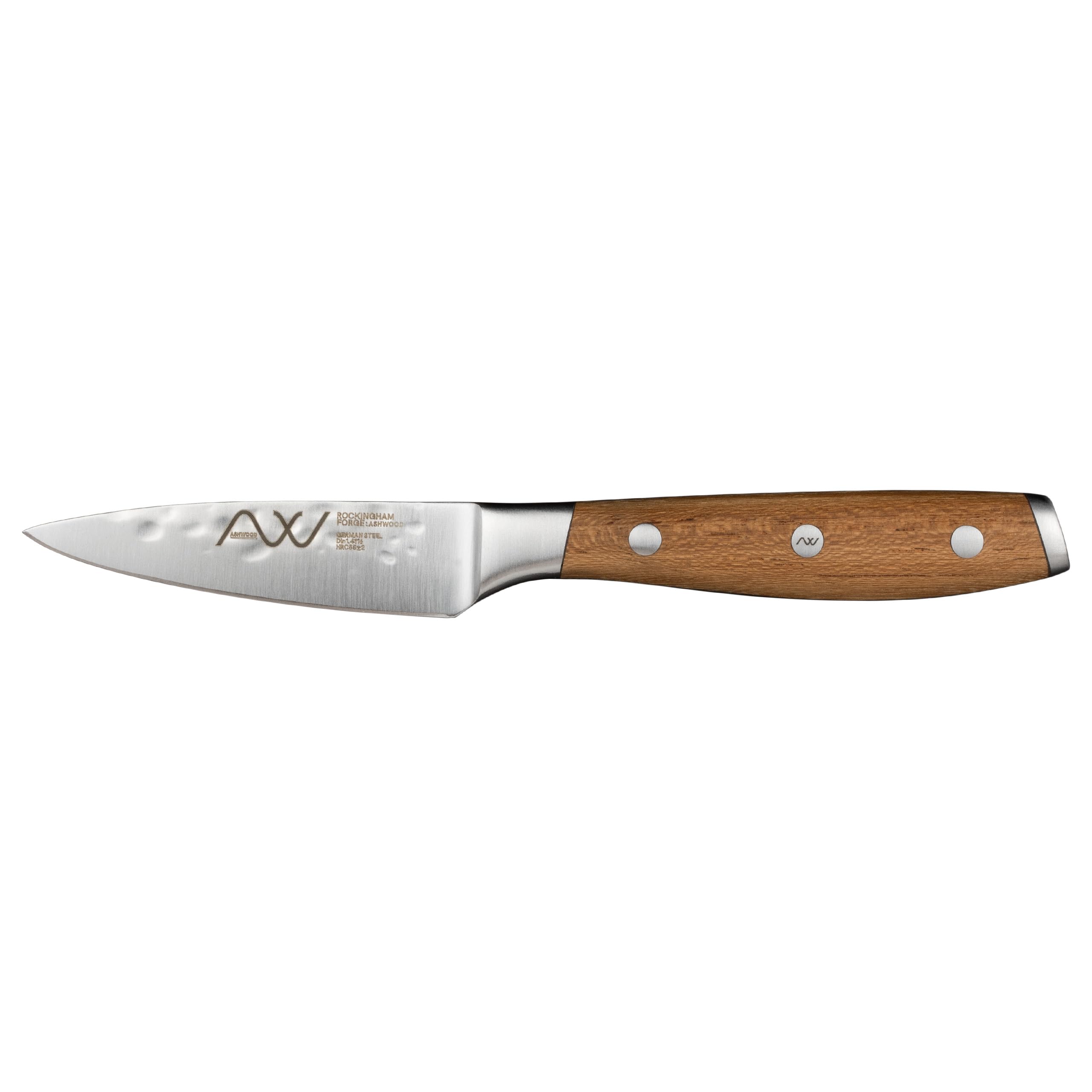 Rockingham Forge Ashwood 9cm Paring Kitchen Knife – Ultra-Sharp German Stainless Steel Blade - Professional Chef Non-Stick Hammered Finish - Durable Full Tang Natural Wood Handle