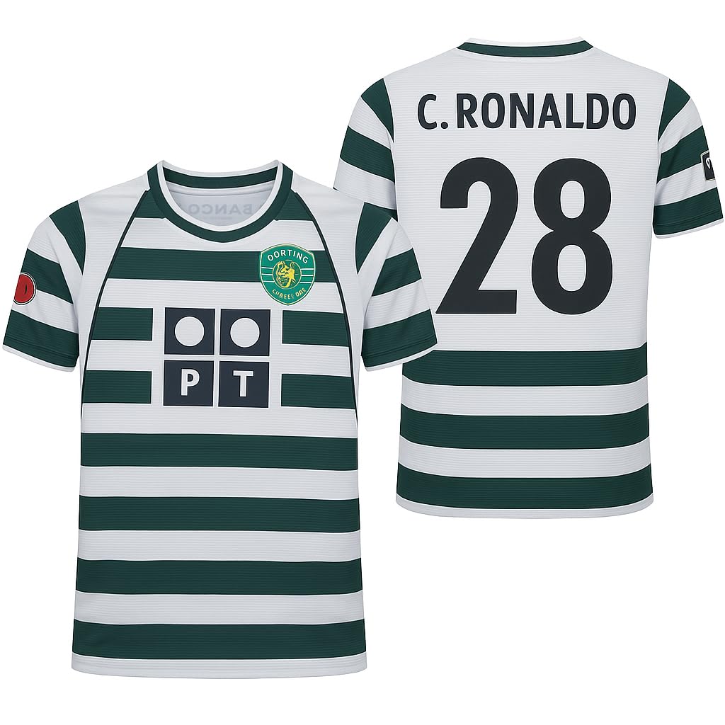 Sporting CP Retro Soccer Jersey Set, C. Ronaldo #28, Green and White Striped, Home Kit with Shorts 6 Years (18) White/Green