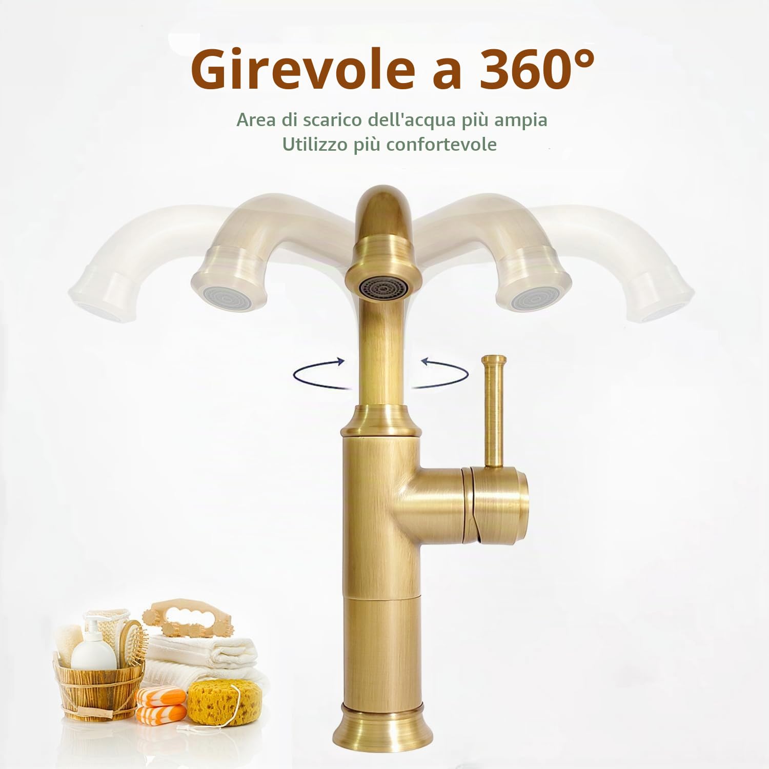 Rubinetto Alto Bagno Lavabo Ottone Antico | Retrò miscelatore monocomando, girevole a 360°, acqua calda e fredda, cartuccia ceramica, G3/8, per lavello bagno