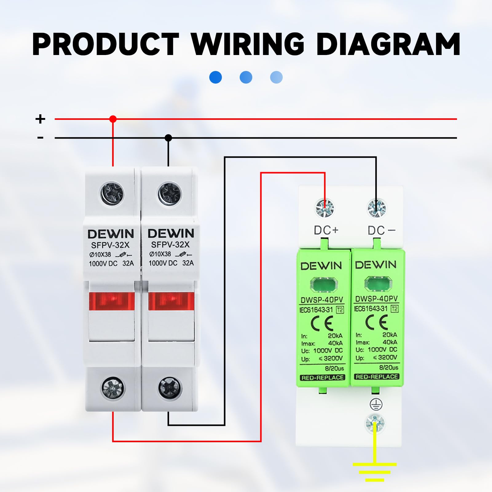 DEWIN Fusible fotovoltaico, 2 polos, 1000 V CC, 32 A, protección contra sobrecarga y cortocircuito.(With 15A PV fuse)