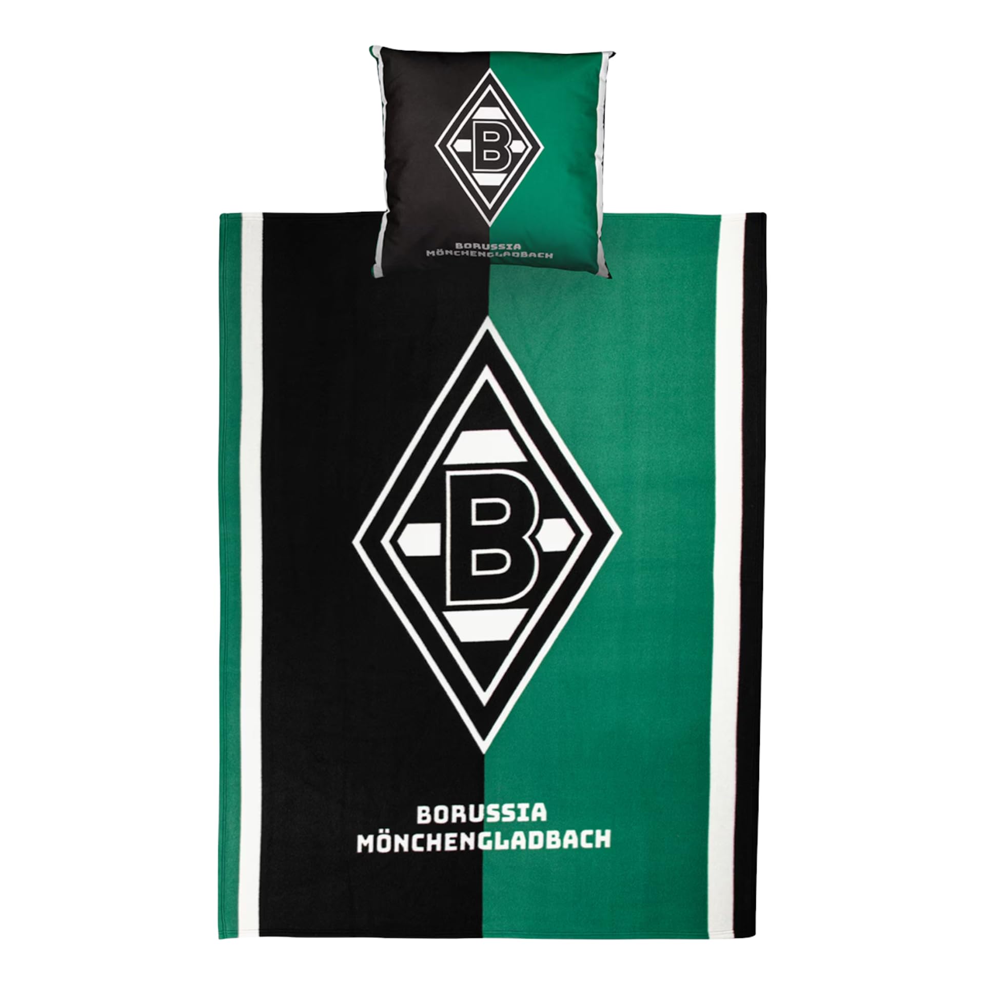Borussia Mönchengladbach Fan Bundle – Kissen & Fleecedecke | Offizieller Fanartikel Fohlenshop | Vereinslogo & Retro-Design | Kuscheliges Set für Sofa & Fan-Zimmer